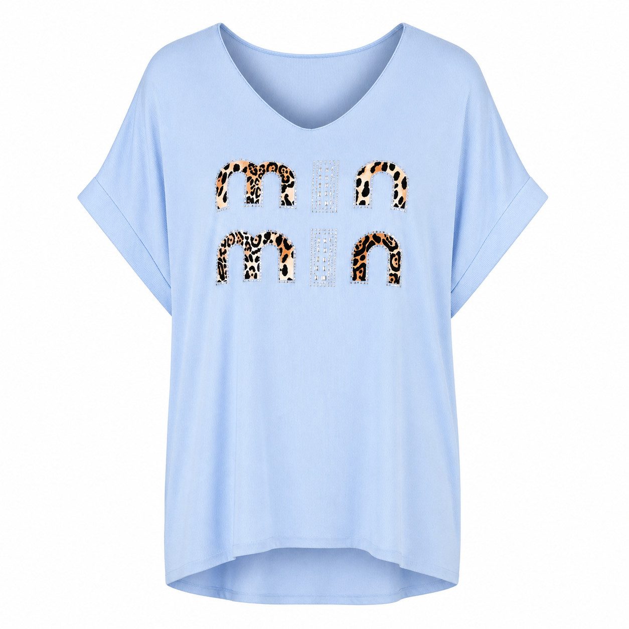 ITALY VIBES Kurzarmshirt - T-Shirt - Rippstrick Shirt kurzarm Damen - trendiger Leo-Print ONE SIZE / passend für Größe S - XL