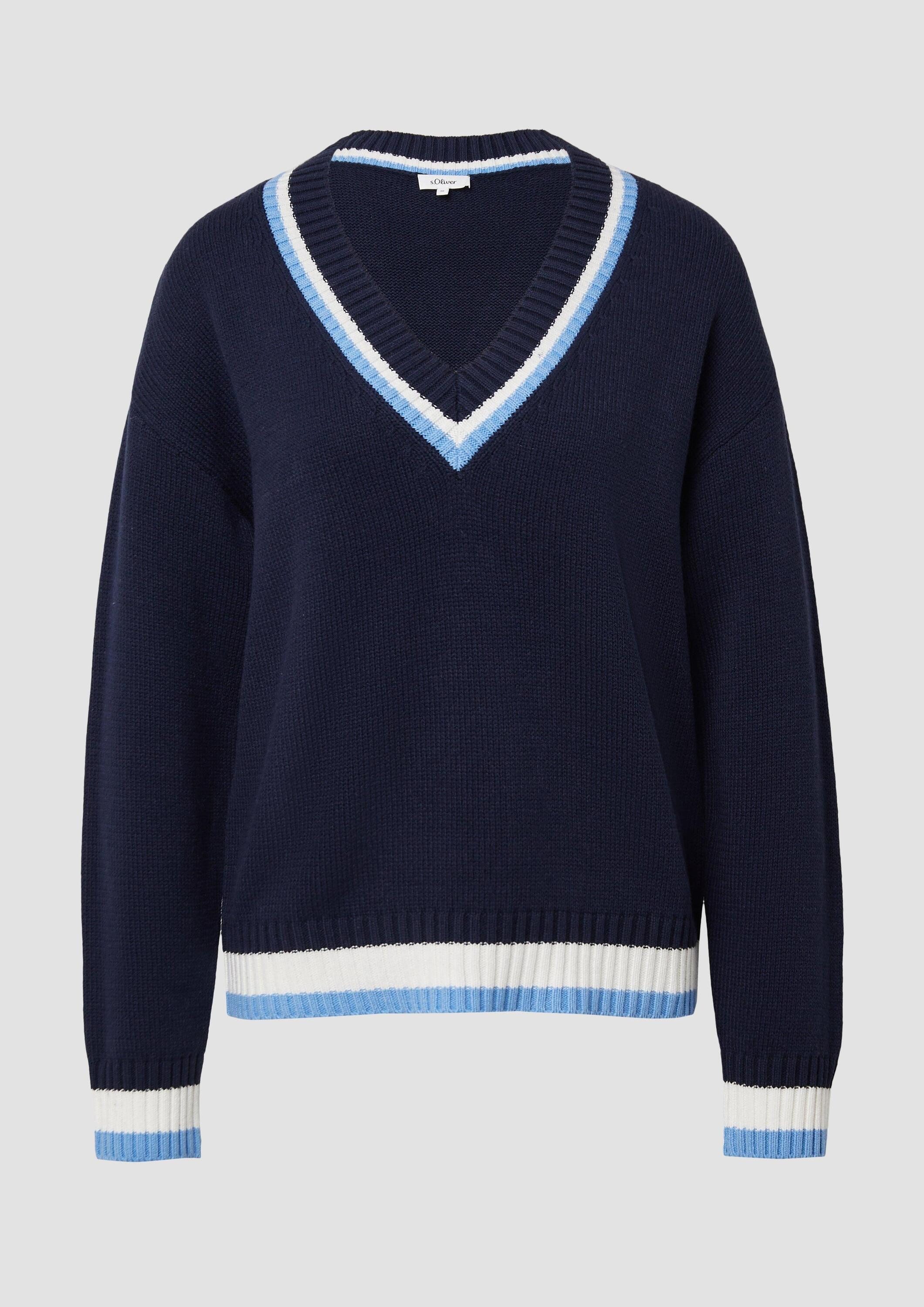 s.Oliver Longpullover Strickpullover Strickpullover aus Baumwollmix mit tiefem V-Ausschnitt