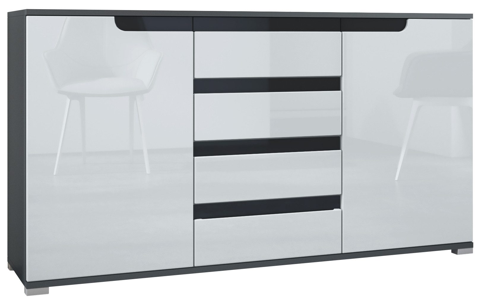 Vladon Sideboard Sylt V1 (Kommode mit 2 Türen und 4 Schubladen, Korpus - Anthrazit matt / Front - Weiß Hochglanz), Absetzung - Schwarz Hochglanz (138,5 x 75,5 x 35 cm)