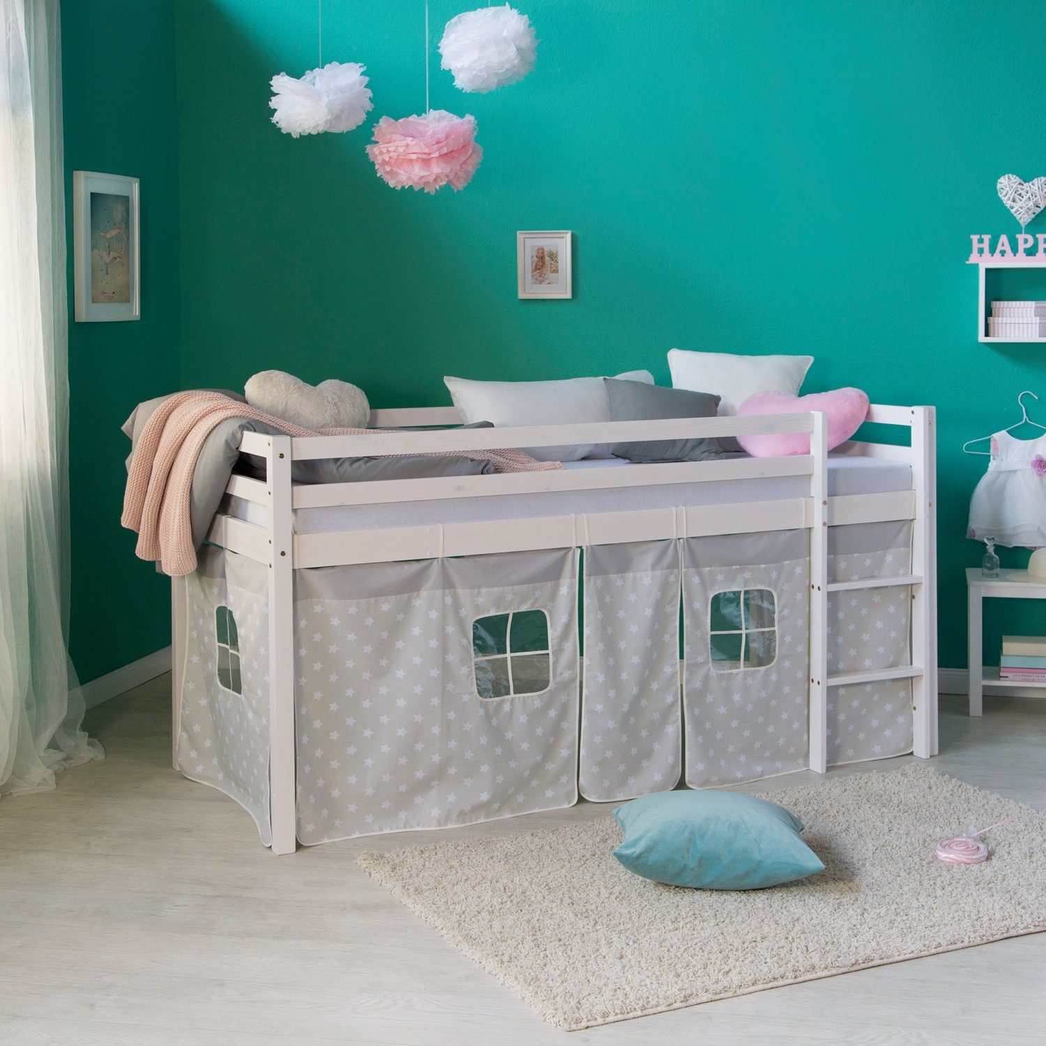 Homestyle4u Hochbett 90x200 mit Vorhang in Weiß Sterne 1888 günstig online kaufen