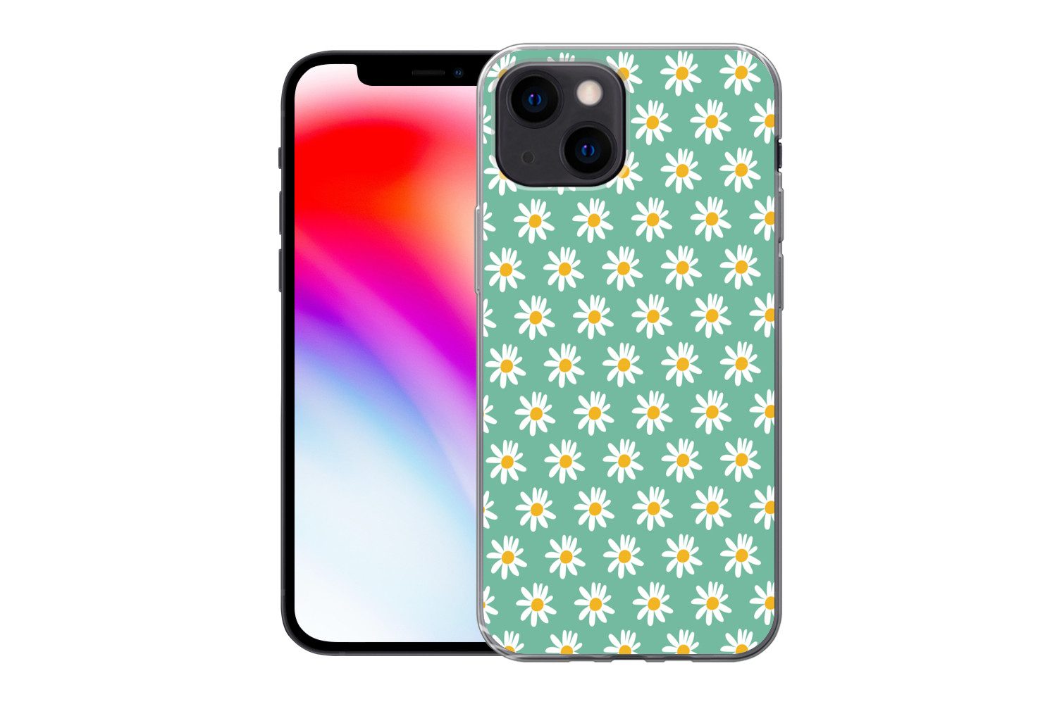 MuchoWow Handyhülle für Apple iPhone 13 mini Gänseblümchen - Muster - Grün - Blumen, Smartphone-Bumper, Print, Handy Schutzhülle Dünn