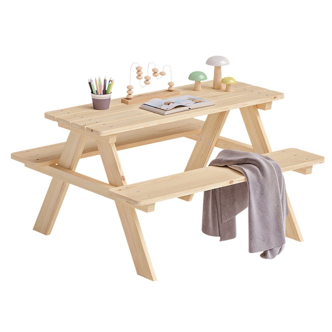 Bellabino Kindersitzgruppe Inny Outdoor-Bank aus Holz, (Tisch und Bänke, Sitzgruppe), für 4 Personen, unbehandelt, Kindermöbelset aus Kiefer Massivholz