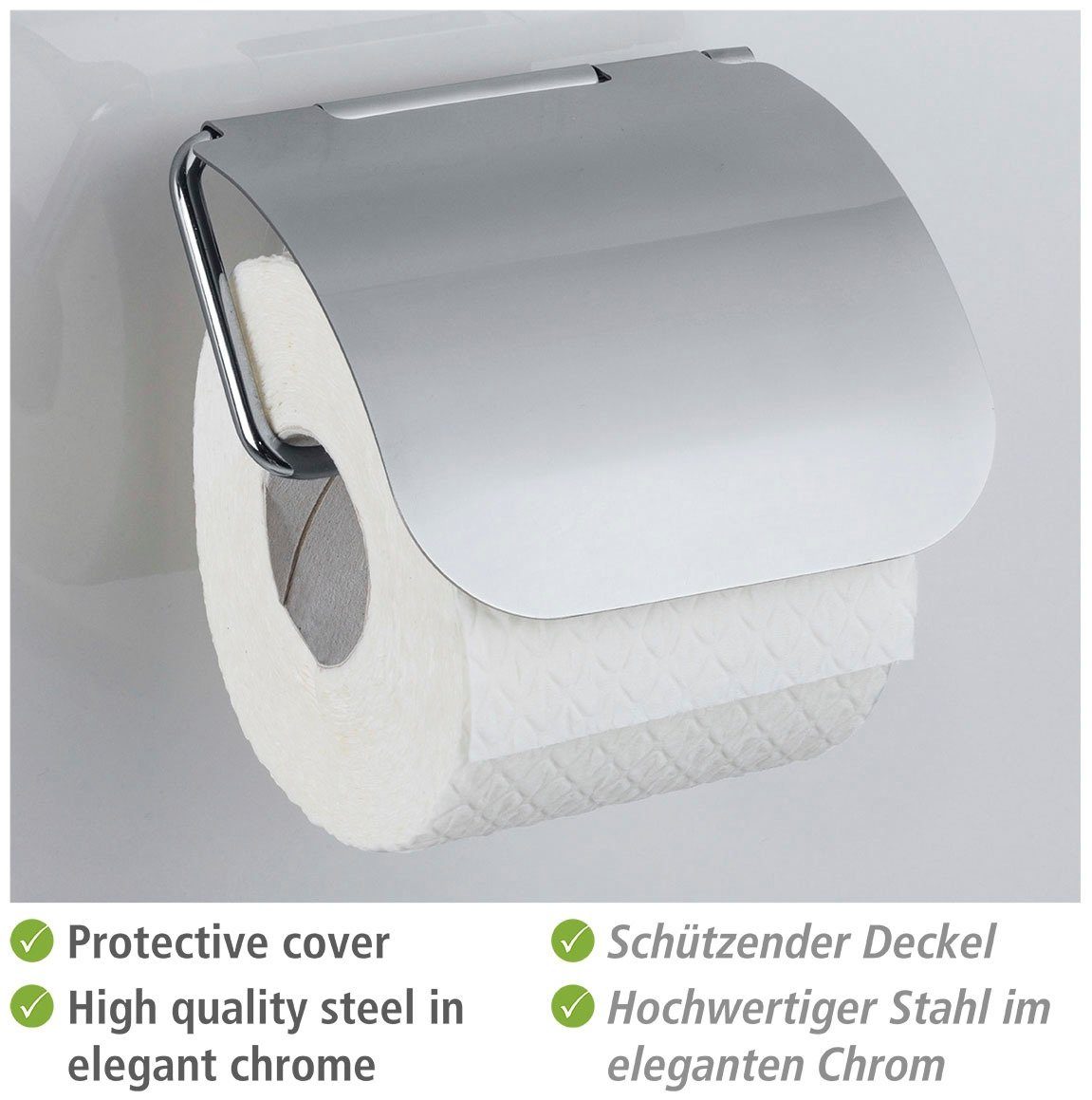 WENKO Toilettenpapierhalter cm Stahl, Maße(B verchromten 13 Static-Loc® Bohren, H Befestigen ohne x Osimo, T): 13,5 x x 3 Plus mit Deckel, x Aus