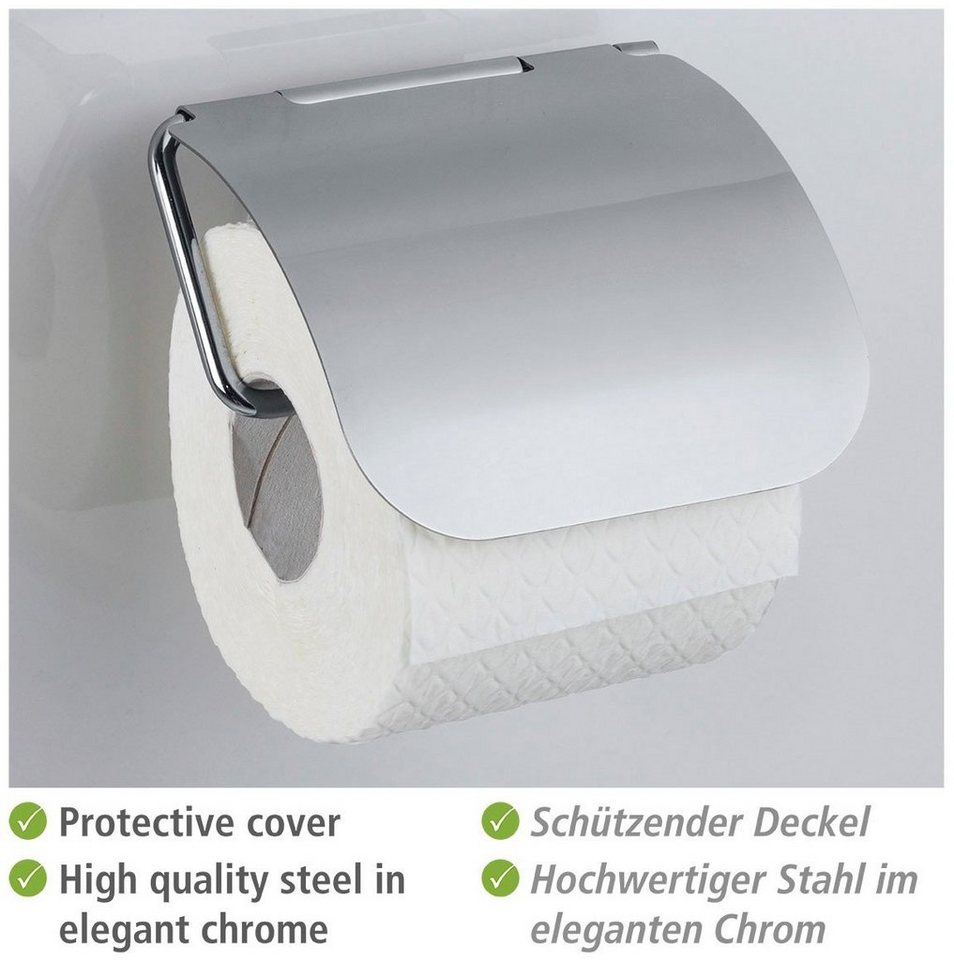 WENKO Toilettenpapierhalter Static-Loc® Plus Osimo, mit Deckel, Befestigen  ohne Bohren, Aus verchromten Stahl, Maße(B x H x T): 13 x 13,5 x 3 cm
