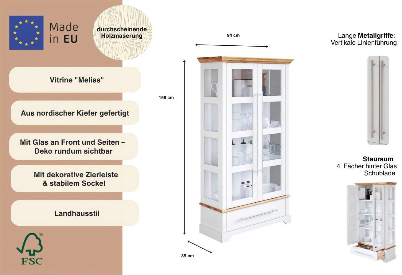 OTTO home Vitrine Melissa Höhe 169 cm, Breite 94 cm, 2-türig, Kiefer massiv, FSC®
