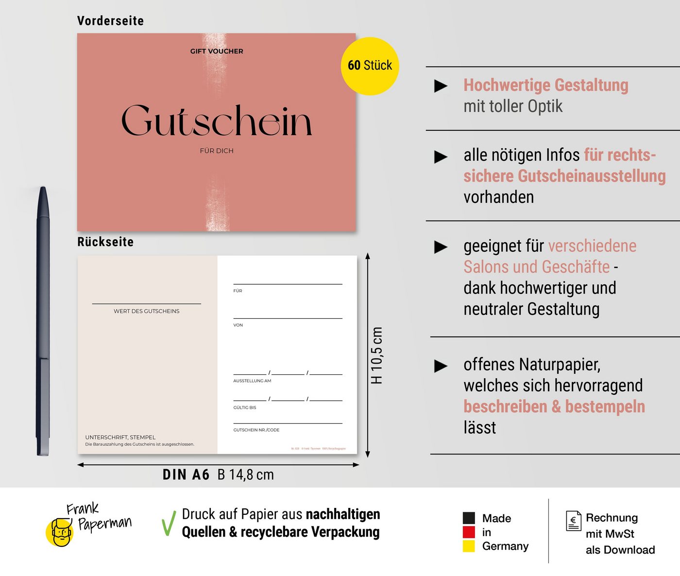 Thumbnail - Frank Paperman Geschenkkarte Gutschein für Kunden, Salon und Studio, zum selber Ausfüllen, Gutscheinkarten, Geschenkguts...