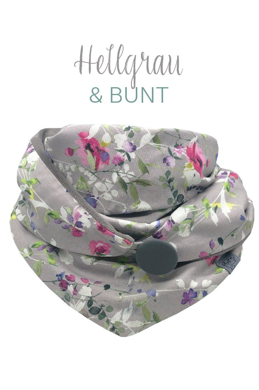 Wishproject® Dreieckstuch Damen Tuch, Halstuch aus natürlicher Baumwolle, Kapuzenschal, Schlauchschal in Grau mit Blüten