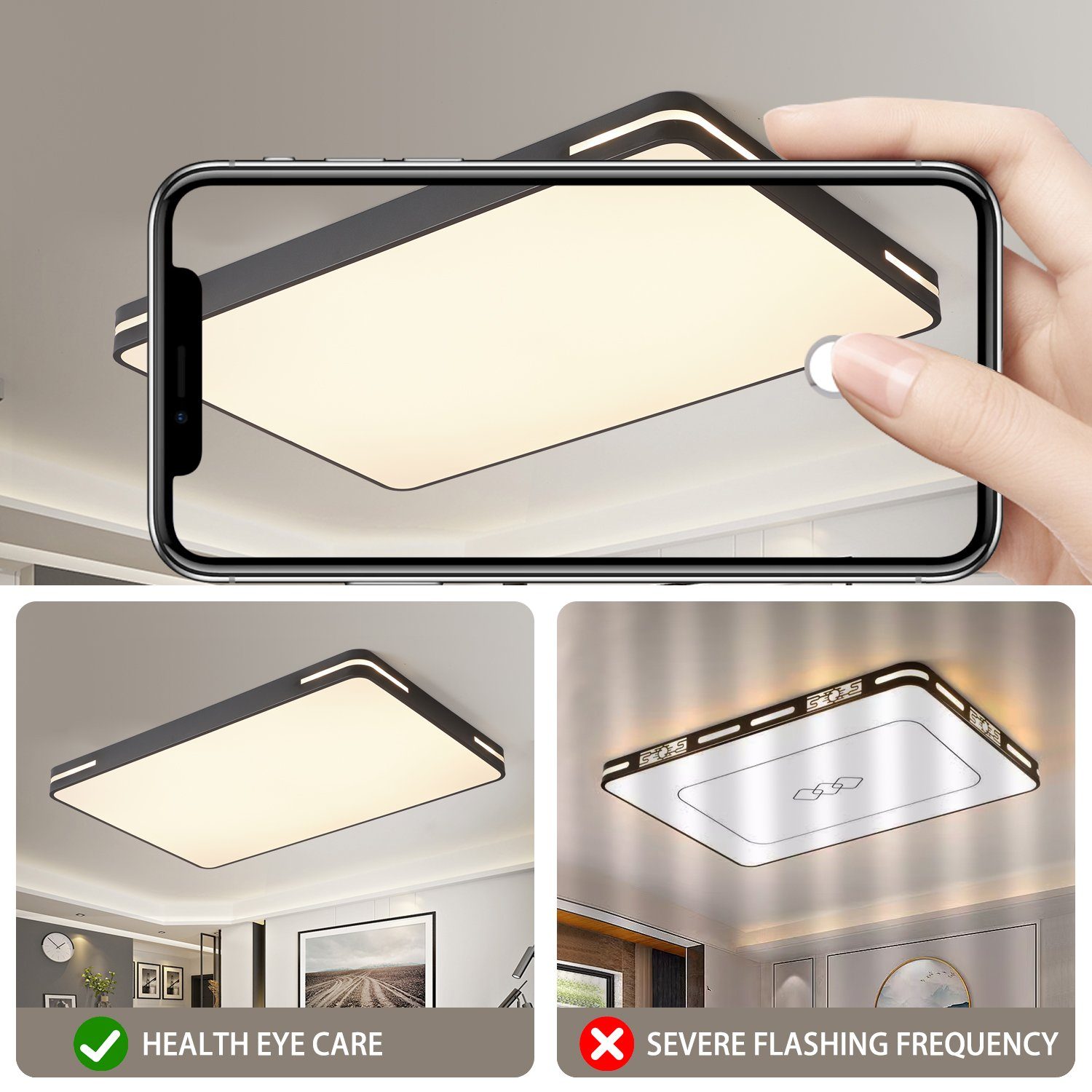 style home LED Deckenleuchte Deckenlampe aus Metall, 192W, LED fest integriert, Warmweiß bis Kaltweiß, für Wohnzimmer Schlafzimmer Büro, 90x60x5 cm,Schwarz