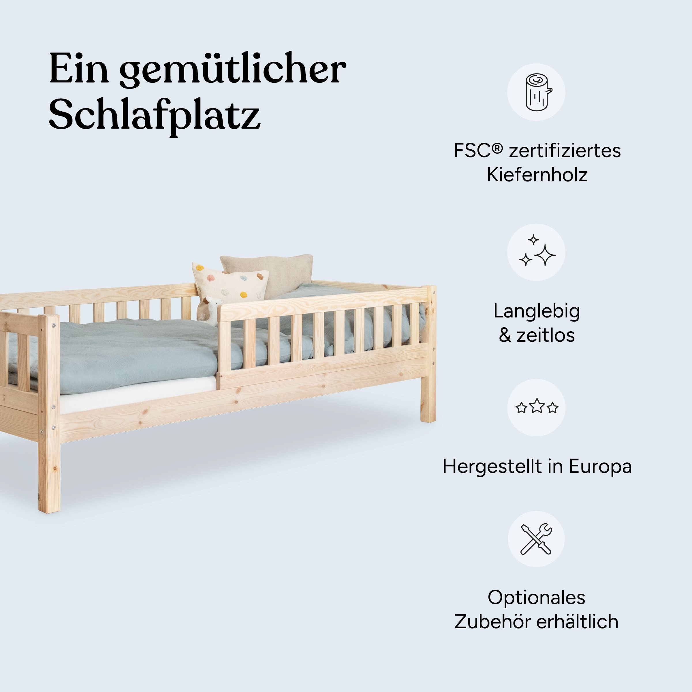 Ehrenkind Kinderbett Lille aus massivem Kieferholz mit Rausfallschutz, 90x200 cm (zeitlos, hochwertig und auch für ältere Kinder geeignet, FSC® zertifizert), Jugendbett, Kinderbett mit Rausfallschutz