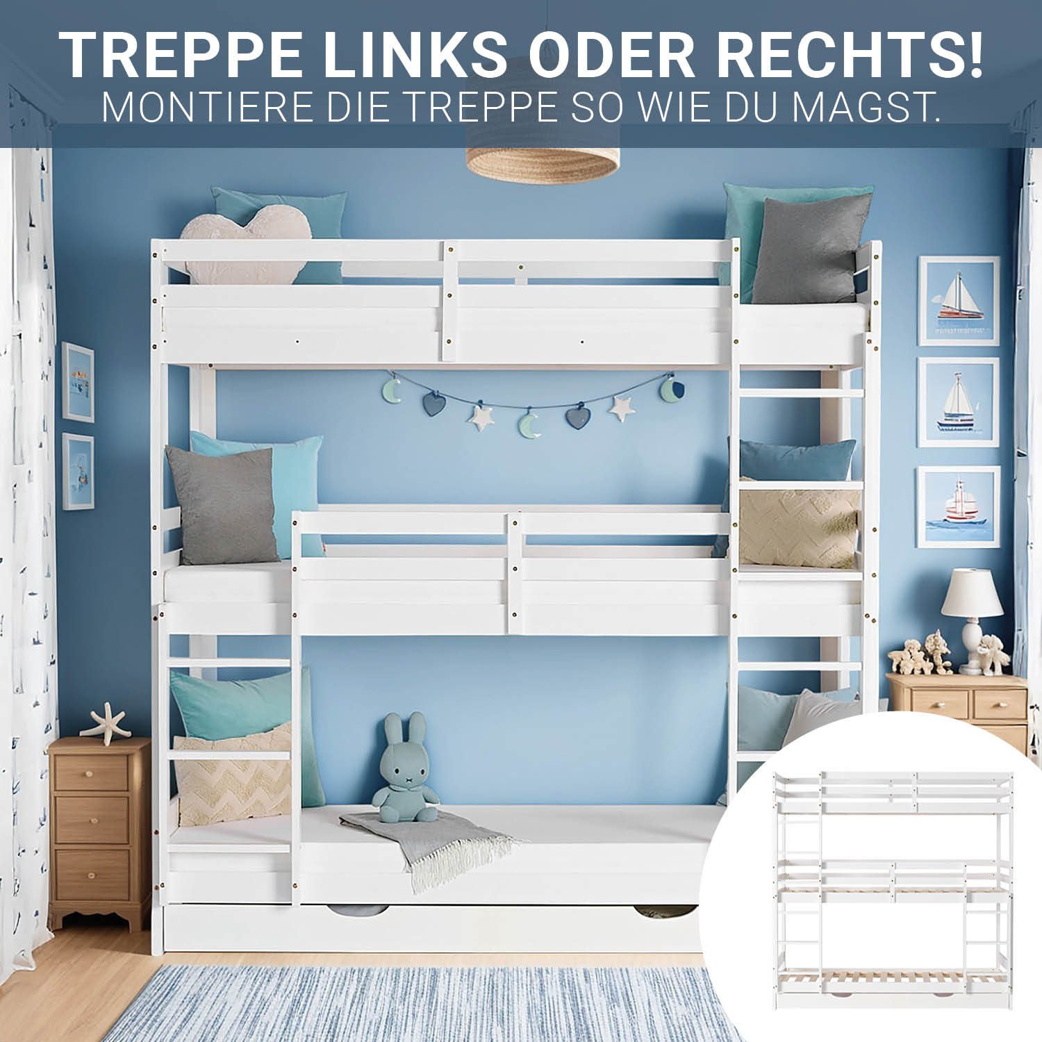 Homestyle4u Bunk Bed 90x200 Loft Bed for 3 People Triple Bed White Stairs 2 3 Children (Set, with slatted base and 1x bed box/drawer), 2 meters high, with 2 ladders, storage space, fall protection