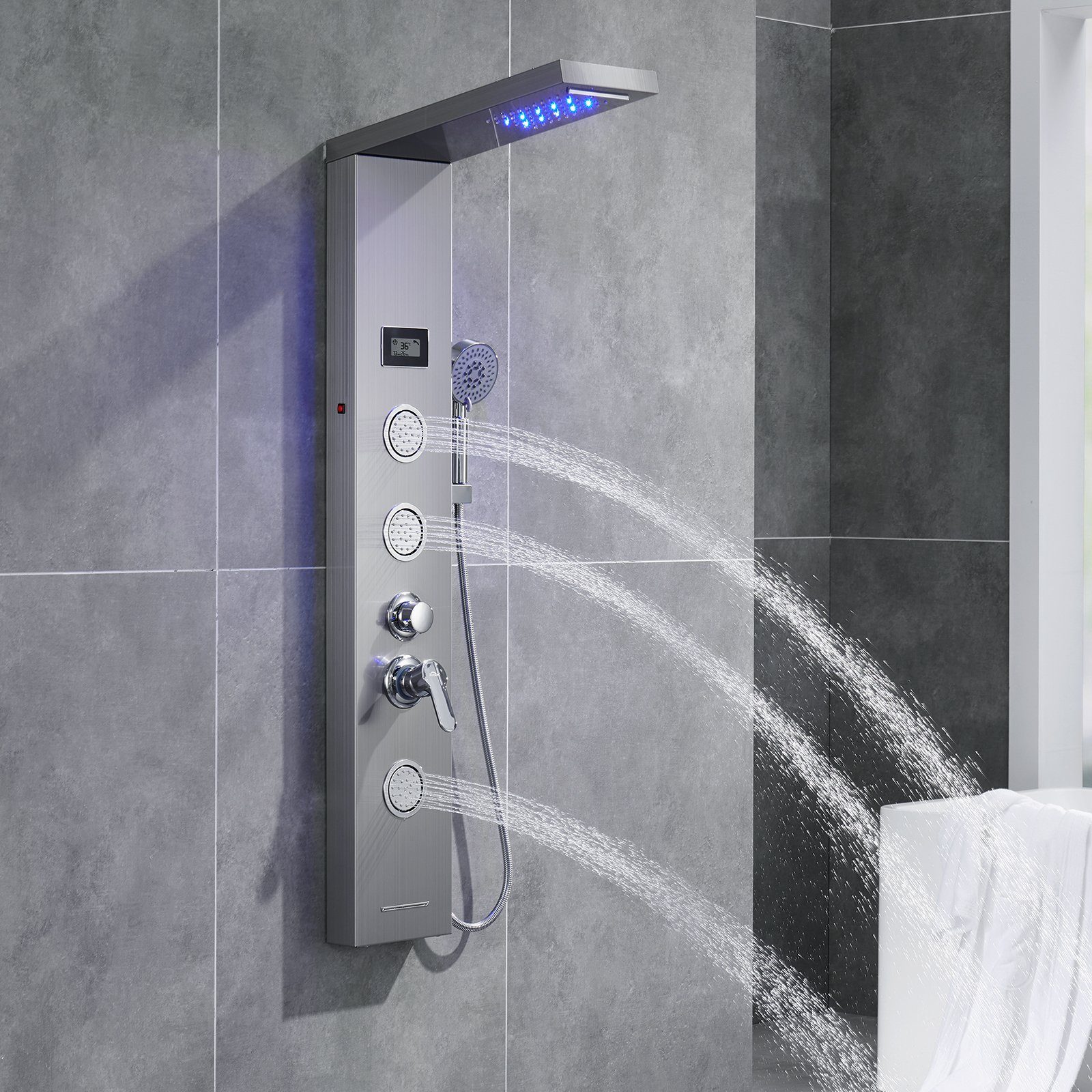 und mit Strahlart(en), Wasserausgabemodi, Handbrause 5 Edelstahl LED Regendusche Auralum Duschset Duschpaneel Duschsystem Wassertemperatur Display 5