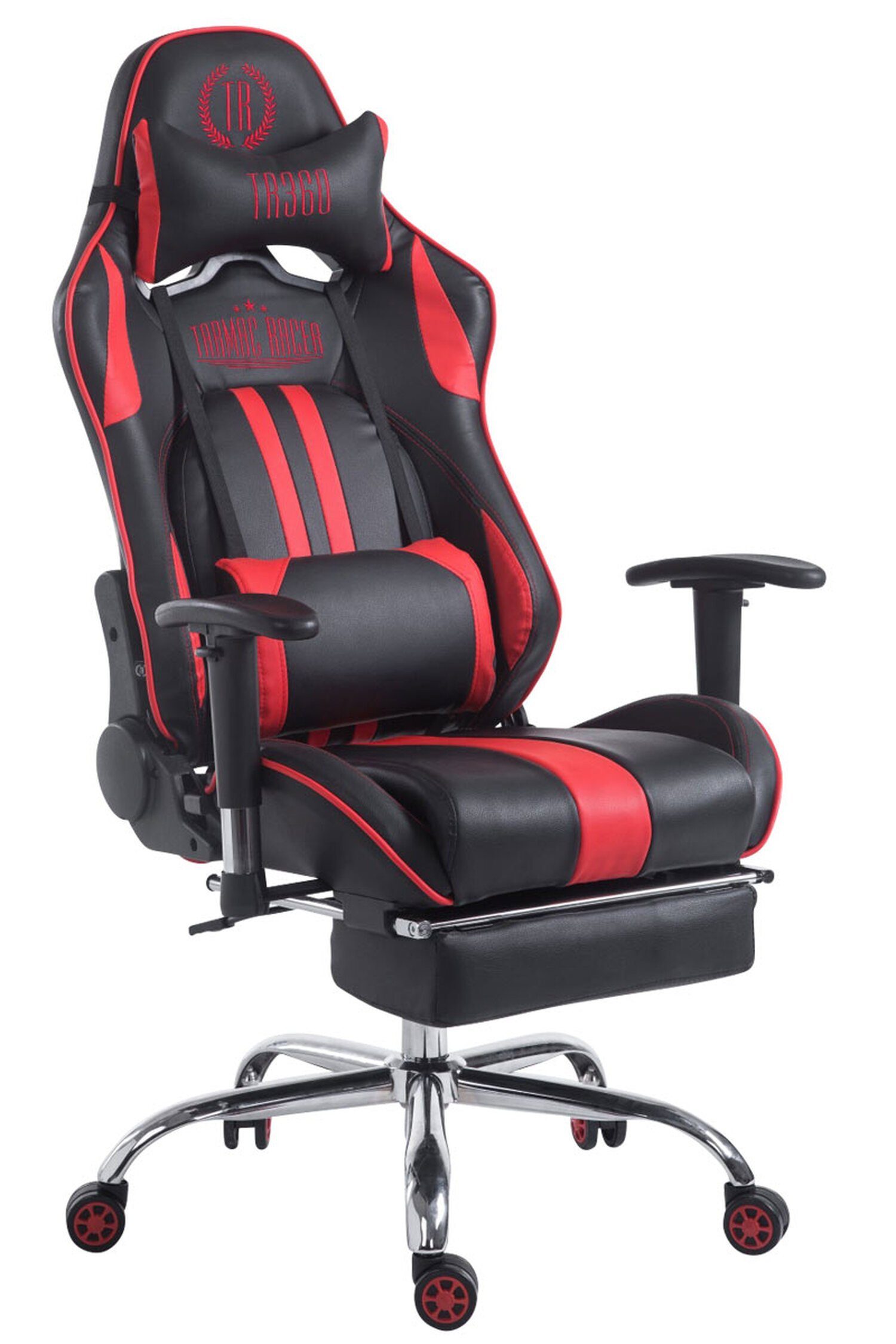 TPFLiving Gaming-Stuhl Limitless mit bequemer Rückenlehne - höhenverstellbar und 360° drehbar (Schreibtischstuhl, Drehstuhl, Gamingstuhl, Racingstuhl, Chefsessel), Gestell: Metall chrom - Sitzfläche: Kunstleder schwarz/rot