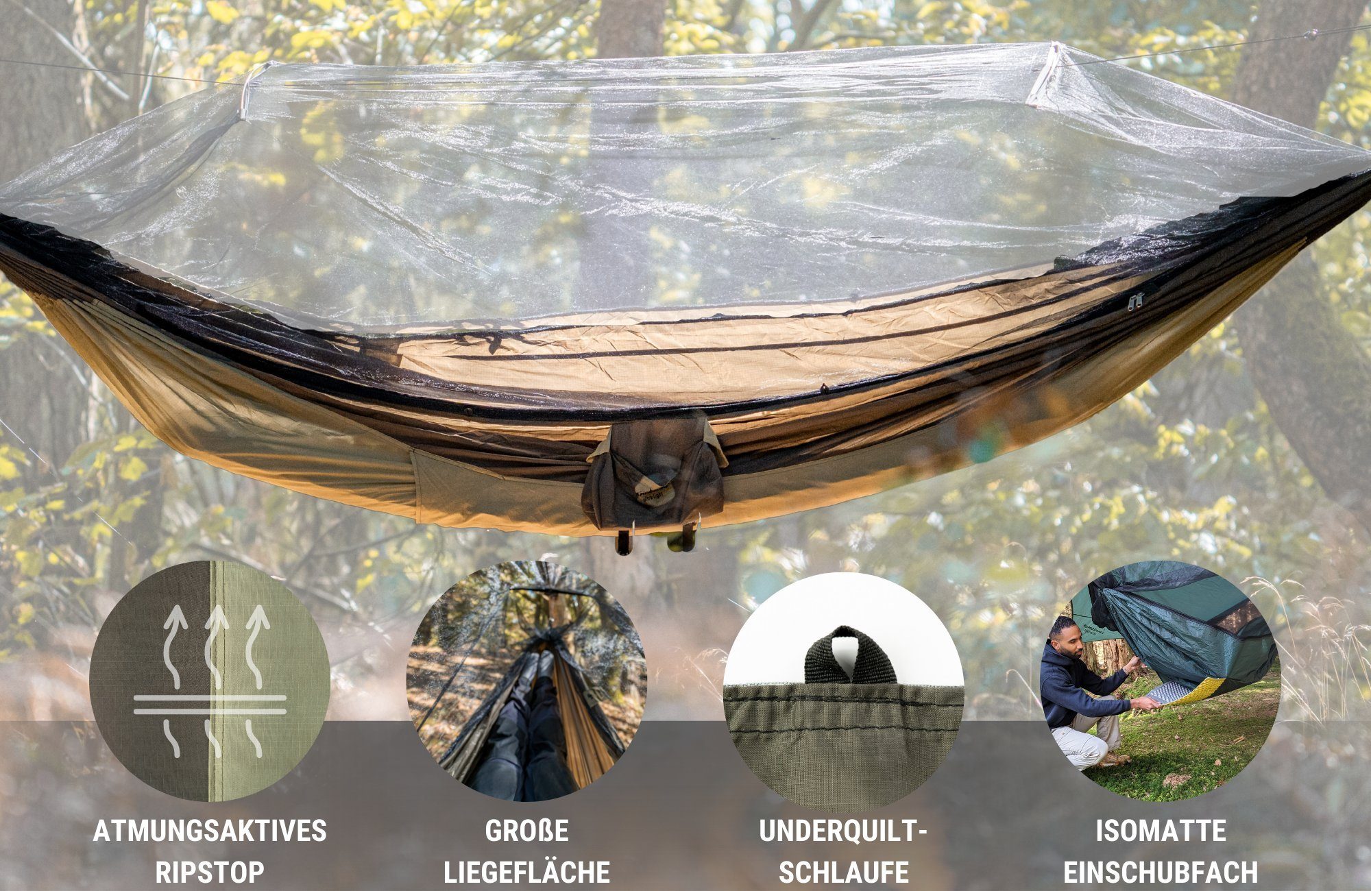 Amazonas Hängematte Moskito Traveller Thermo, Ultra Light Hängematte inkl. Moskitonetz und Isomattenfach