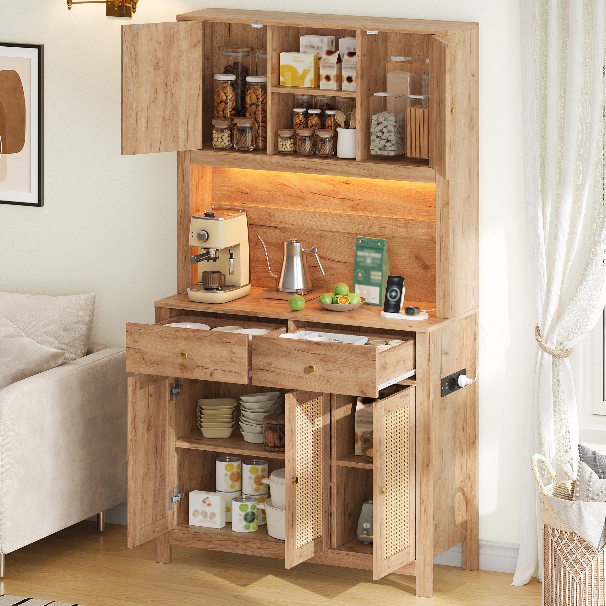 Odikalo Hochschrank Vitrine Sideboard mit LED Rattantüren Schubladen offenen Regalen (100×40×180cm Küchenschrank, hoher Aufbewahrungsschrank mit LED-Beleuchtung und Steckdosen, Vorratsschrank mit 5 Rattantüren und 2 Schubladen für Wohnzimmer und Esszimmer)