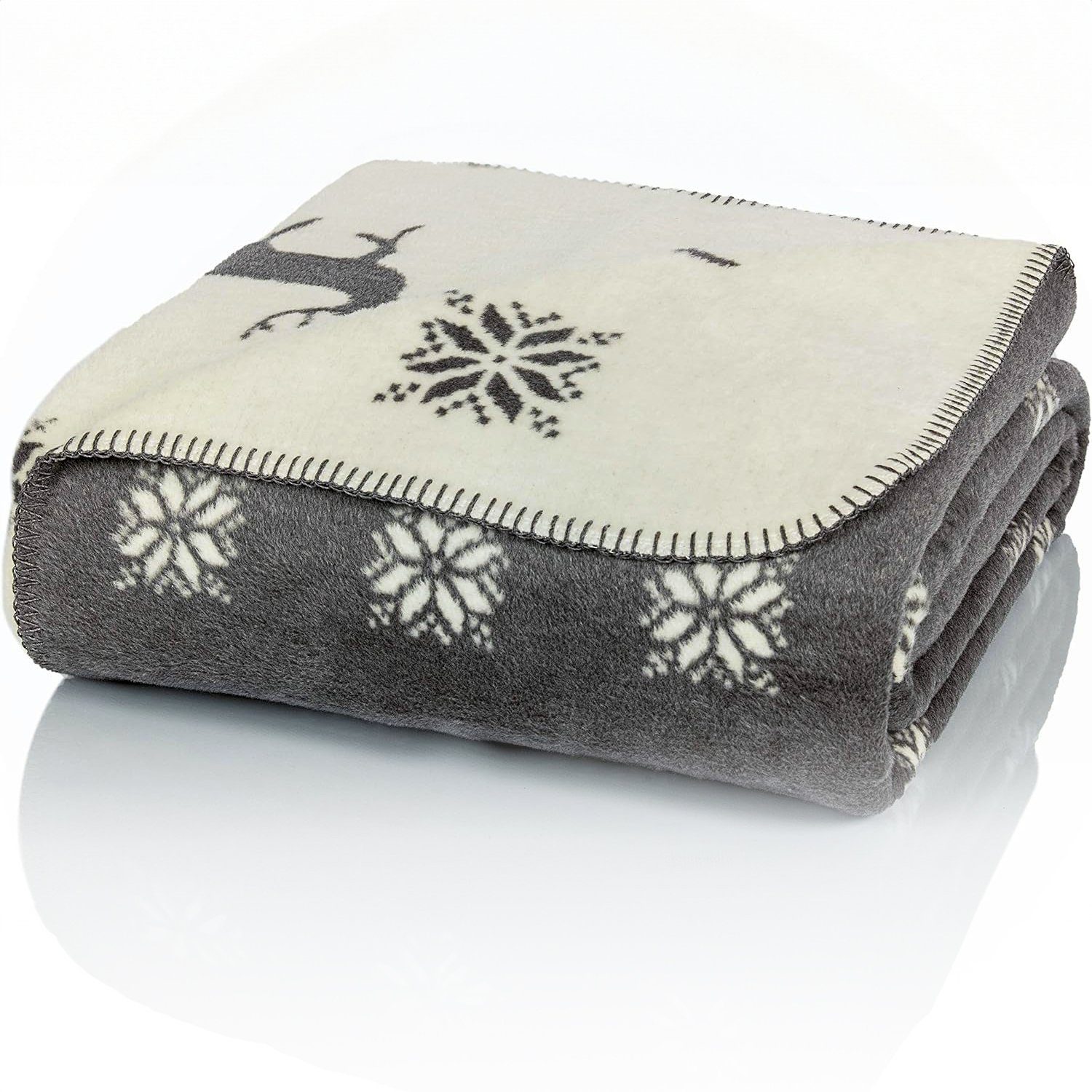 Wolldecke Couch Kuscheldecke Baumwolle, Rentier Grau-Beige, 150x200cm Sofad günstig online kaufen