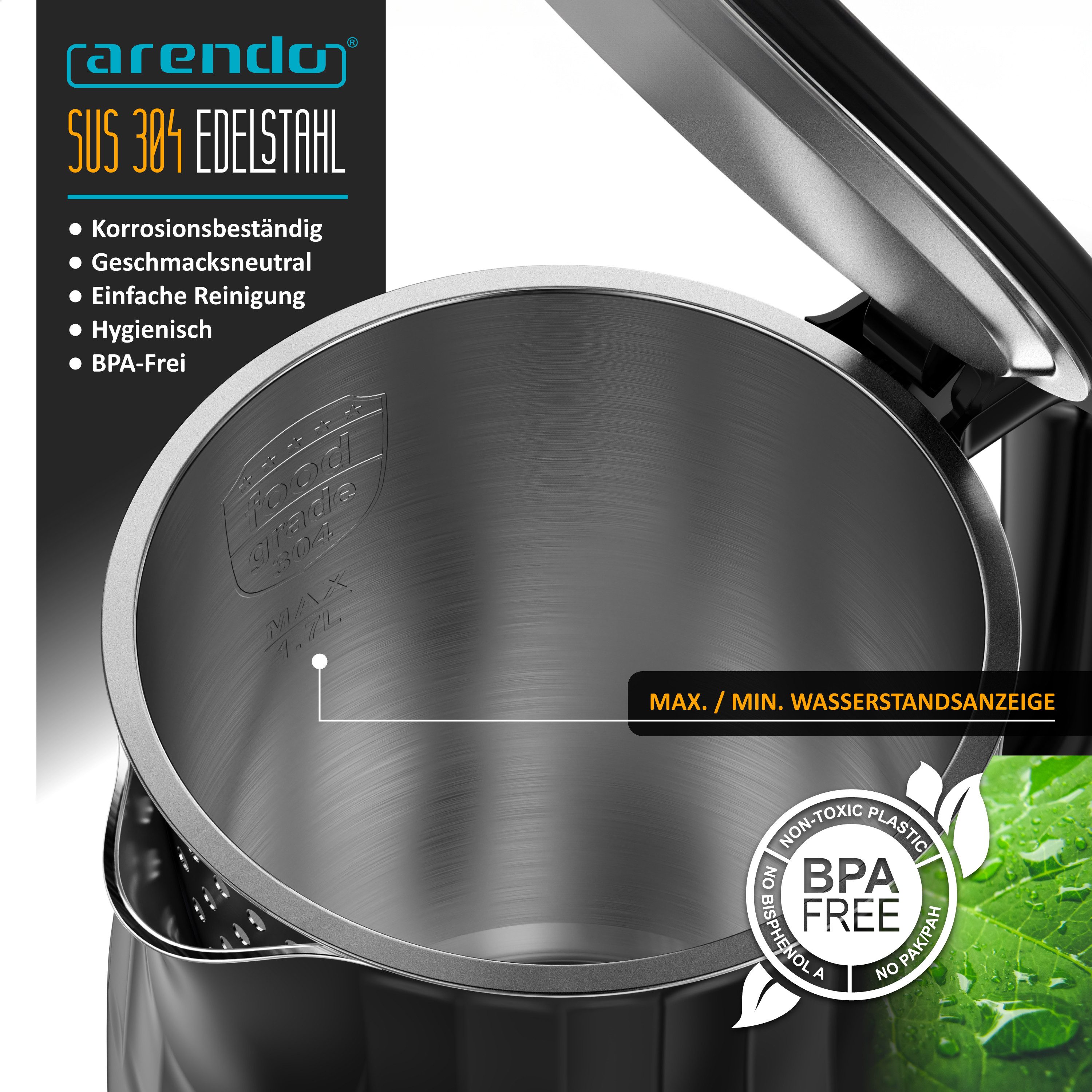 Arendo Wasserkocher aus Edelstahl, Doppelwand, Temperatureinstellung 40°–100°C mit Anzeige, 1,7 l, 2200 W, Teekocher mit Temperaturanzeige, in 5 °C-Schritten einstellbar