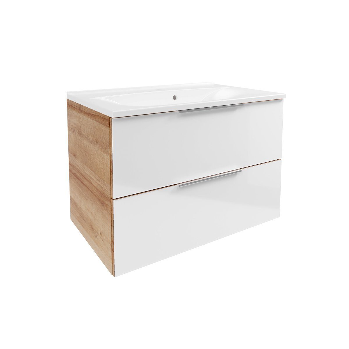 FACKELMANN Waschbeckenunterschrank B.brillant Badmöbelset 80cm - Ast Eiche - Glas Weiß - Gussmarmor