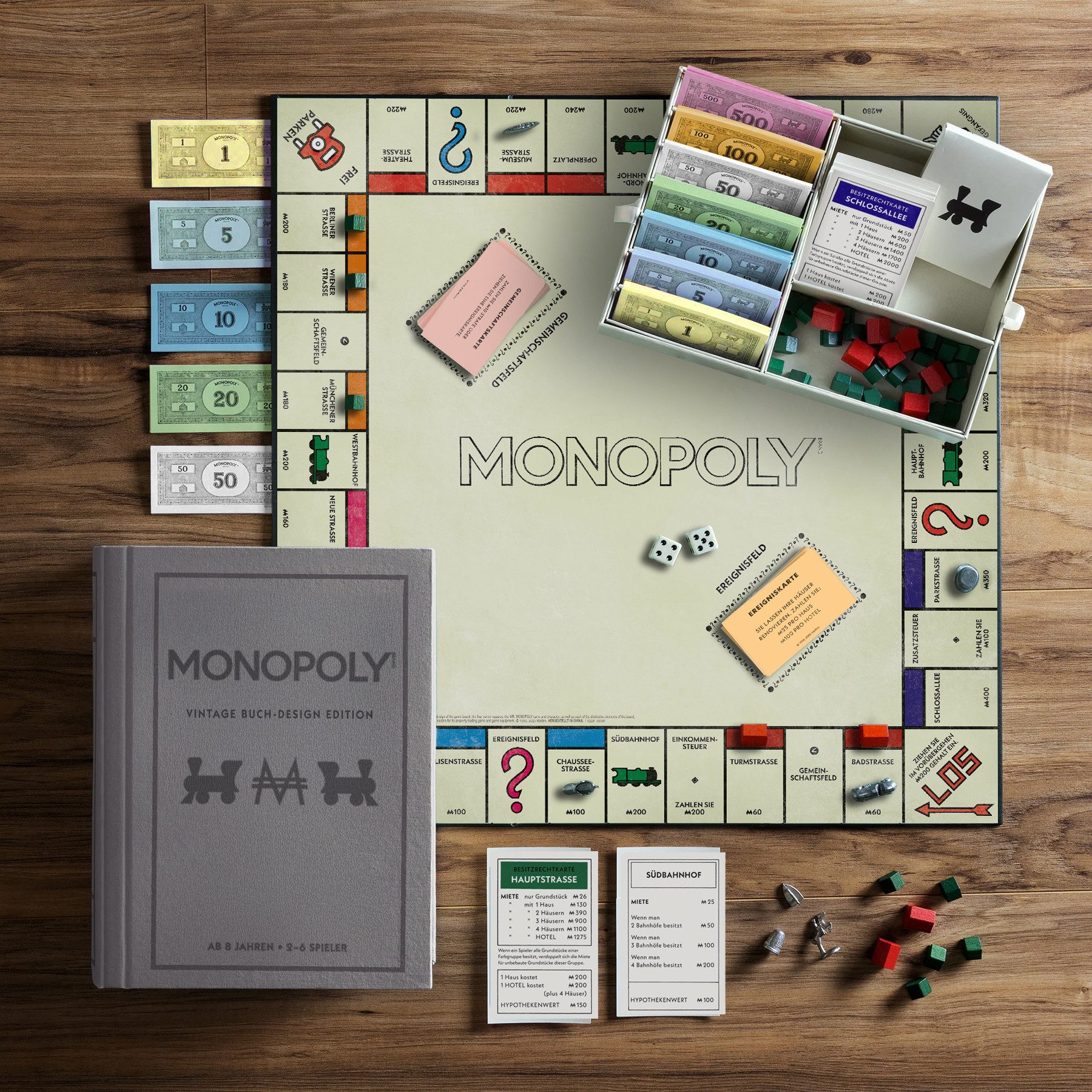 Gomazing Spiel Vintage Buch-Design Edition, Brettspiel, mit Holzhäusern und Metallfiguren