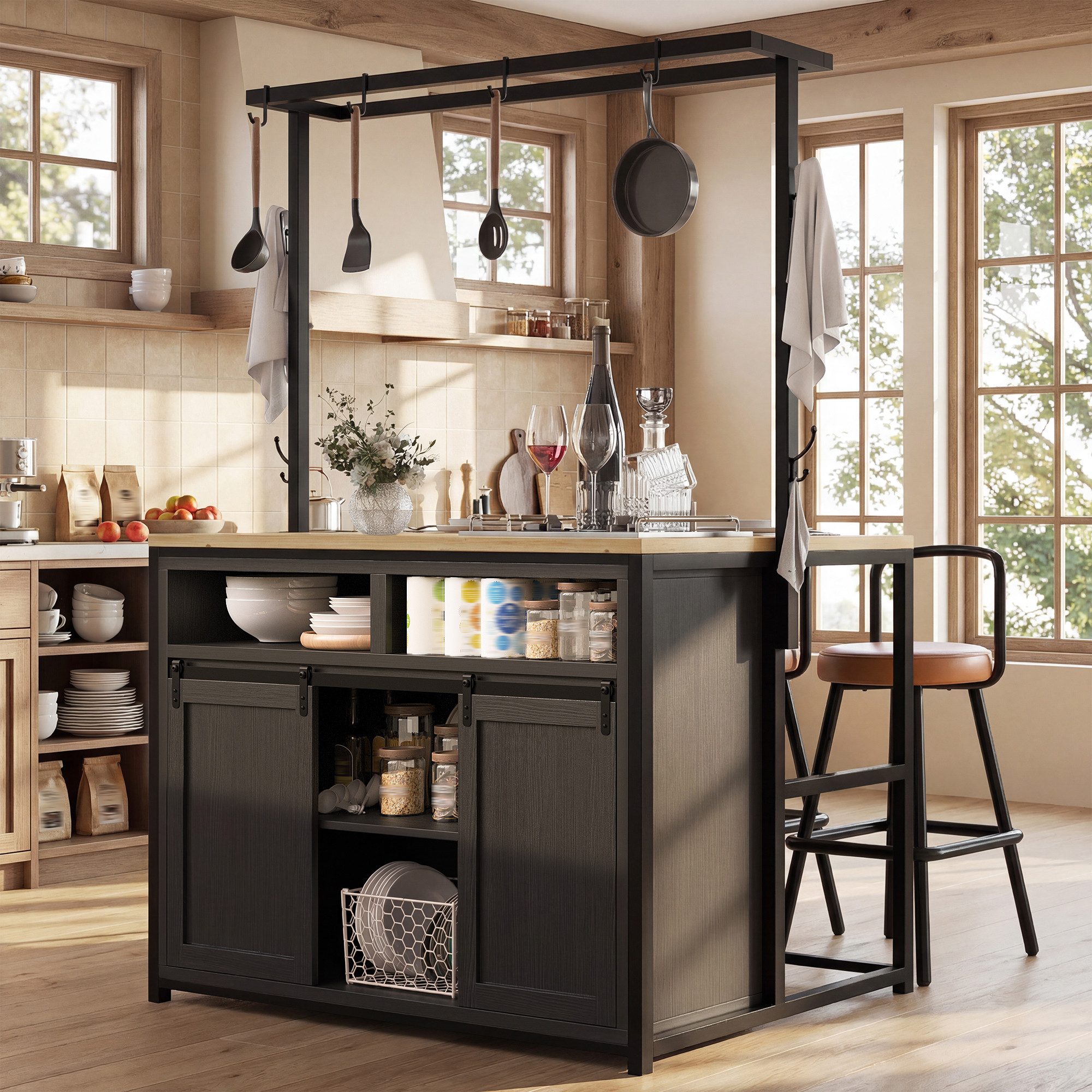 i@home Kücheninsel Küchenschrank mit Arbeitsplatte und Steckdose, (Buffetschrank Schiebetüren, Sideboard mit Hängeregal), Hochschrank 2 USB Stauraum für Küche und Esszimmer, 183 cm