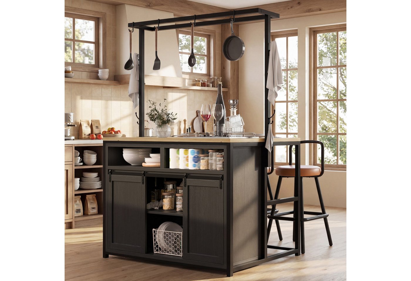 i@home Kücheninsel Küchenschrank mit Arbeitsplatte und Steckdose, (Buffetschrank Schiebetüren, Sideboard mit Hängeregal), Hochschrank 2 USB Stauraum für Küche und Esszimmer, 183 cm