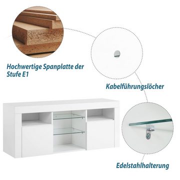 OKWISH TV-Schrank TV-Tisch, TV-Ständer mit 2 Schränken mit Türen und 5 offenen Regalen (Hochglanz-TV-Schrank Einstellbares LED-System, weiß 120*35*50cm Multifunktionale Aufbewahrung) TV-Möbel für bis zu 55 Zoll Fernseher