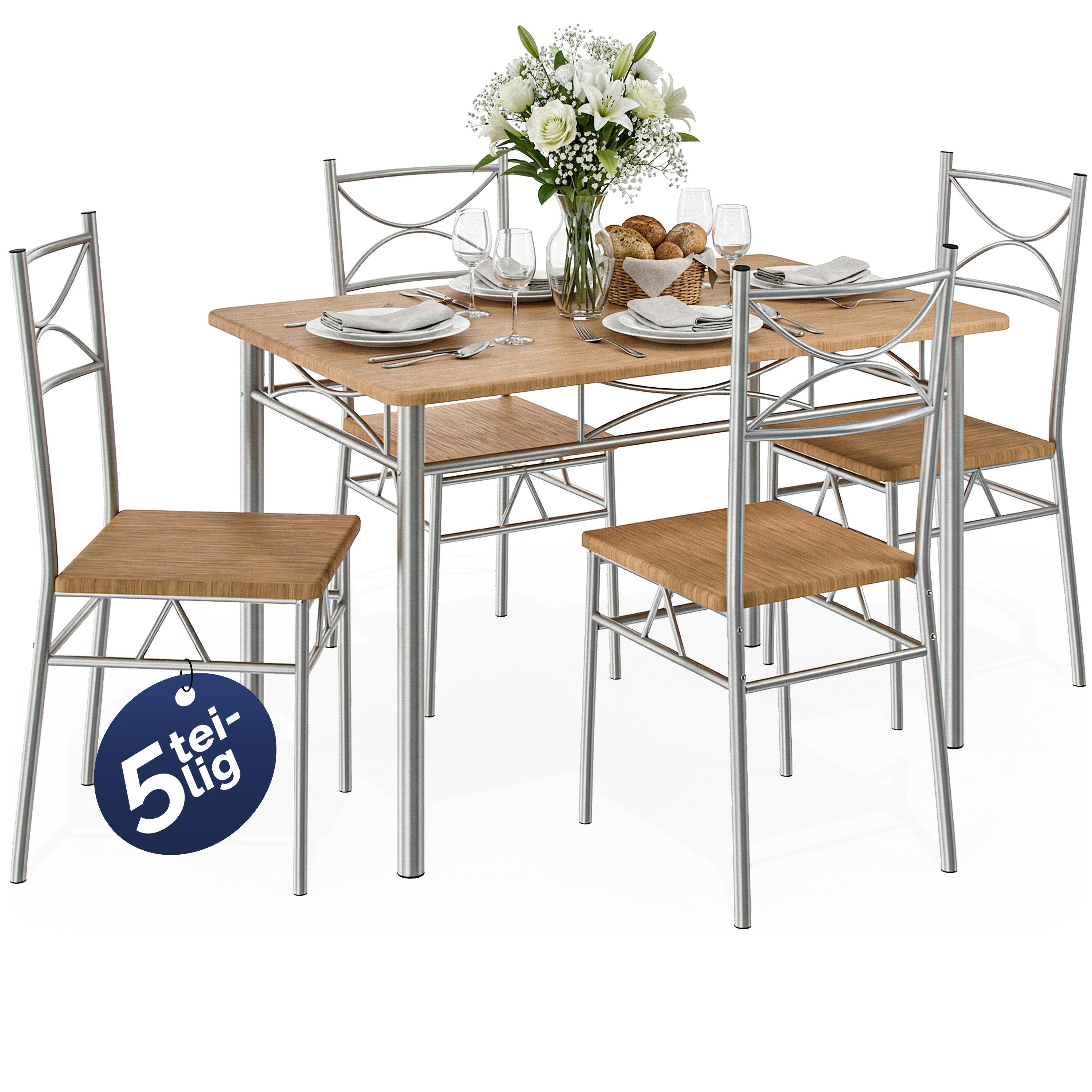 Casaria Essgruppe Paul, (5-tlg), Esstisch mit 4 Stühlen für Esszimmer Küche 5tlg. Sitzgruppe Robust