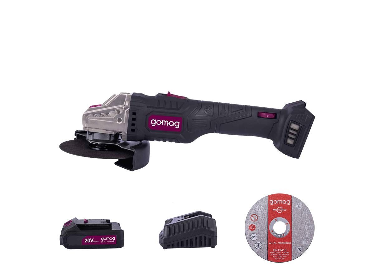Gomag Akku-Winkelschleifer GO-WS125 1x 2,0 Ah Starterkit, 12 Trennscheiben, max. 10000 U/min, (Set), Staub- und korrosionsgeschütztes Gehäuse