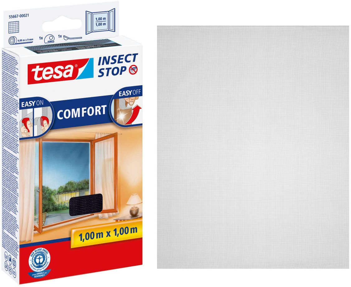 tesa Insektenschutz-Fensterrahmen Insect Stop Comfort Fliegengitter für Fenster - 1.0 m : 1.0 m, (Packung, 1-St., Fliegennetz, Klettband, Andrück und Schneidehilfe), Insektenschutzgitter - Fliegenetz ohne Bohren -zuschneidbar