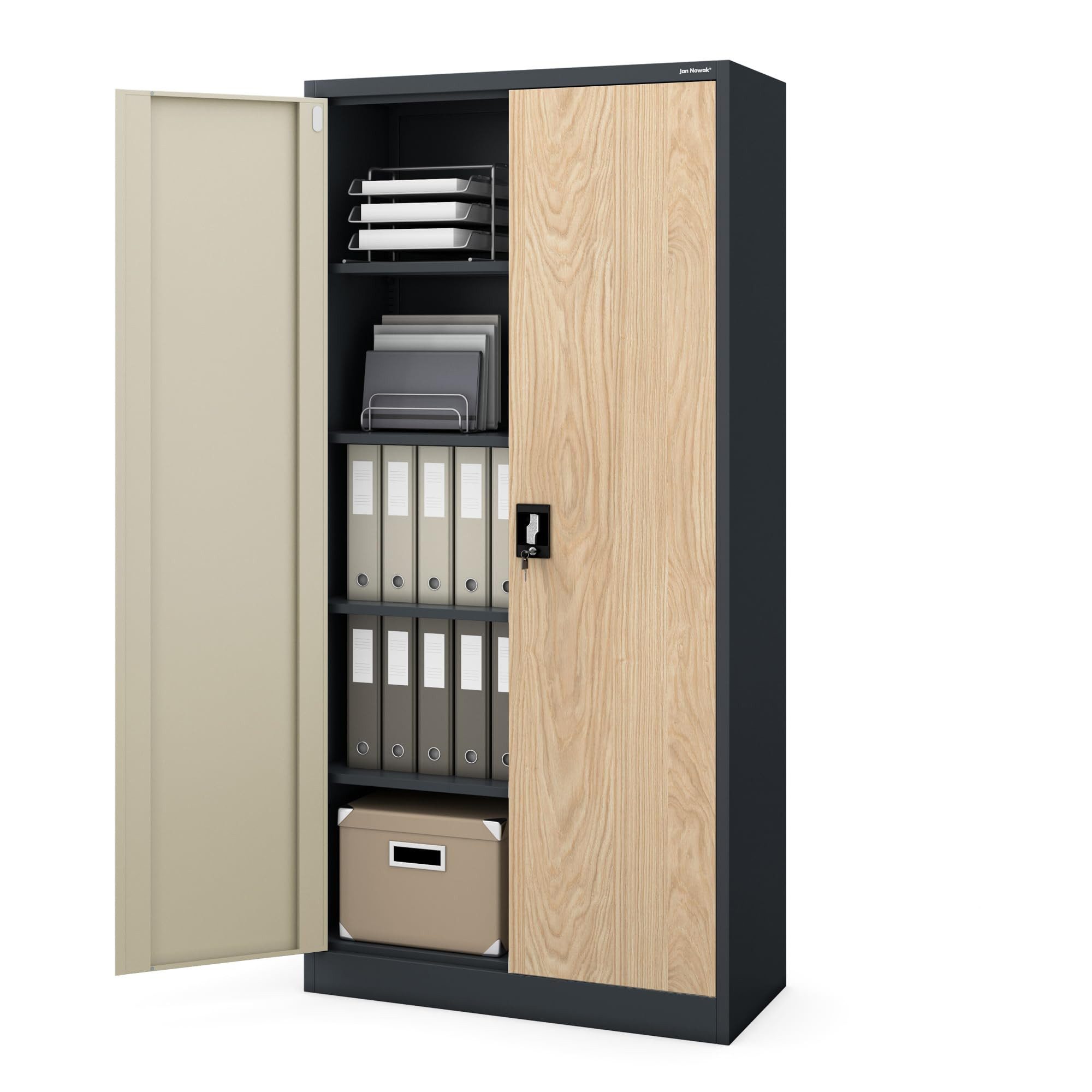 Jan Nowak Aktenschrank Metall Büroschrank abschließbar 90 cm JAN 4 Böden Stahl (Ordnerschrank Aktenschrank Büro Kanzlei Praxis Sozialraum, 0,6 mm 185 x 90 x 45 cm Wandmontage 50 Ordner 2 Schlüssel) Pulverbeschichtet Schloss robust langlebig 16 Farben