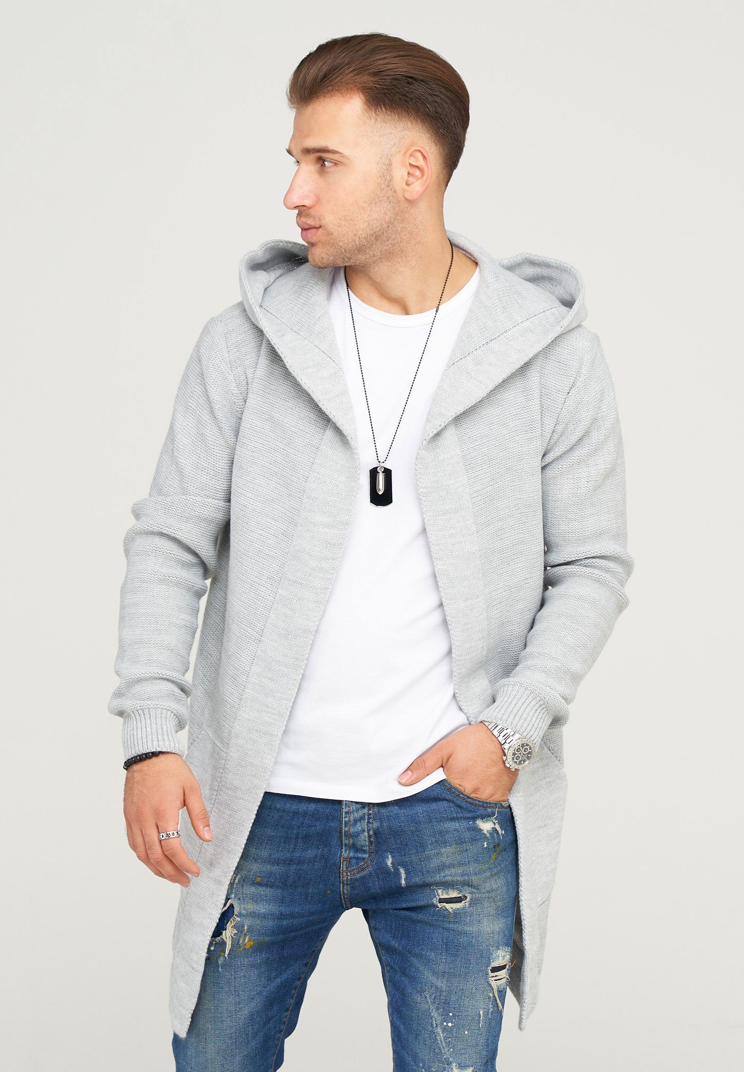 behype Strickjacke JAROMIR Kapuze grau kuscheliger mit