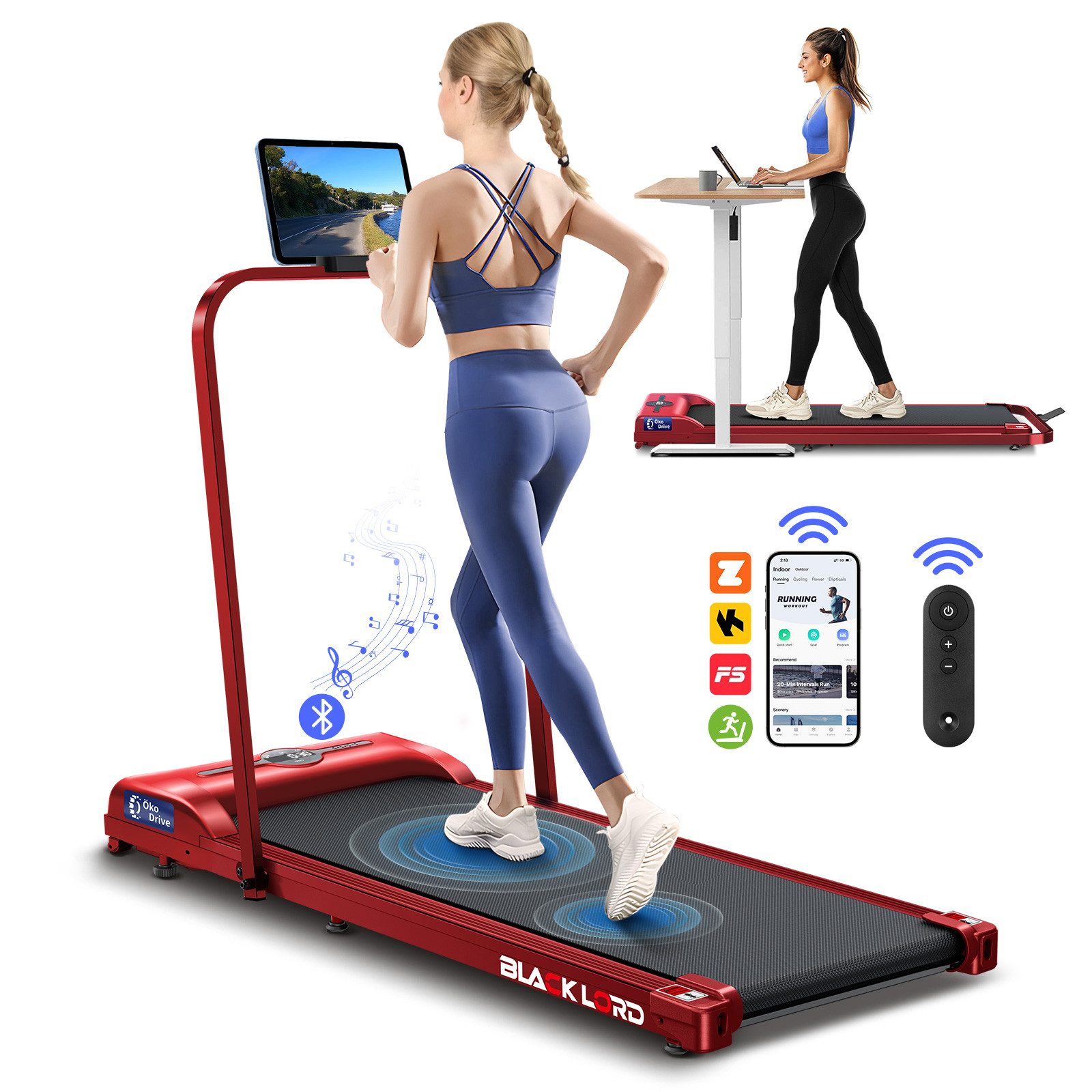 BLACK LORD Laufband für Zuhause, Walking Pad, Klappbares Untertisch-Laufband mit Armlehne (119 x 48,5 x 103 cm, 1-tlg), mit Bluetooth, Fernbedienung, Lautsprecher, 1-12km/h