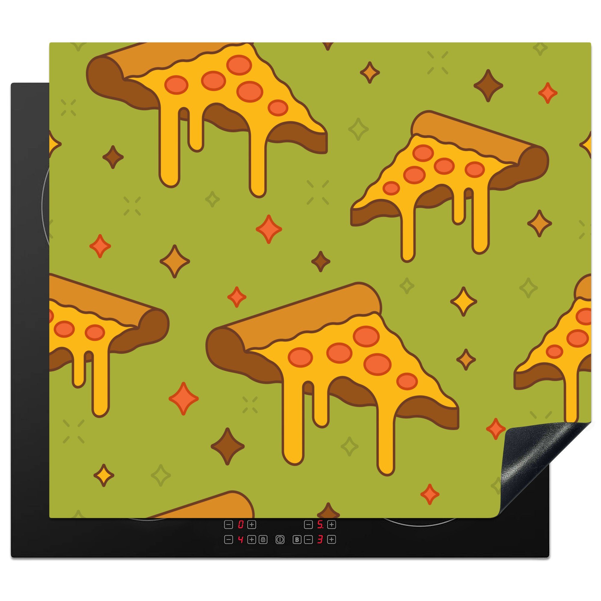 MuchoWow Herdblende-/Abdeckplatte Illustration von Pizzasalamistücken, Vinyl, (1 tlg), 60x52 cm, Mobile Arbeitsfläche nutzbar, Ceranfeldabdeckung