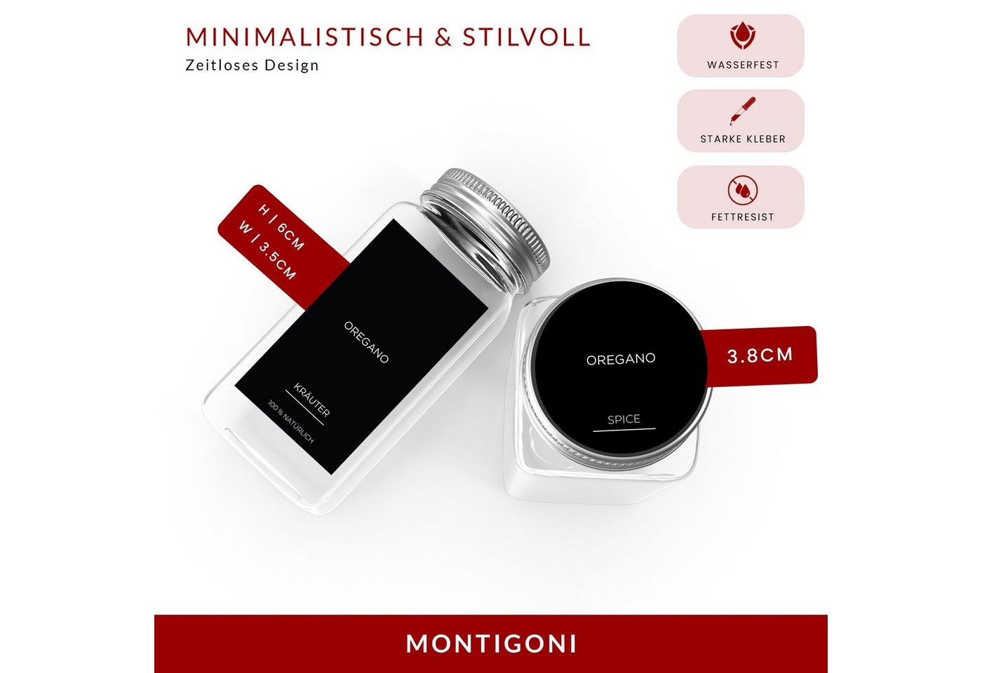 Thumbnail - Montegoni Etiketten 144 Stk. Rund oder 195 Rechteckige Gewürzetiketten selbstklebend, Wasserfest Gewürzaufkleber Vorrats...