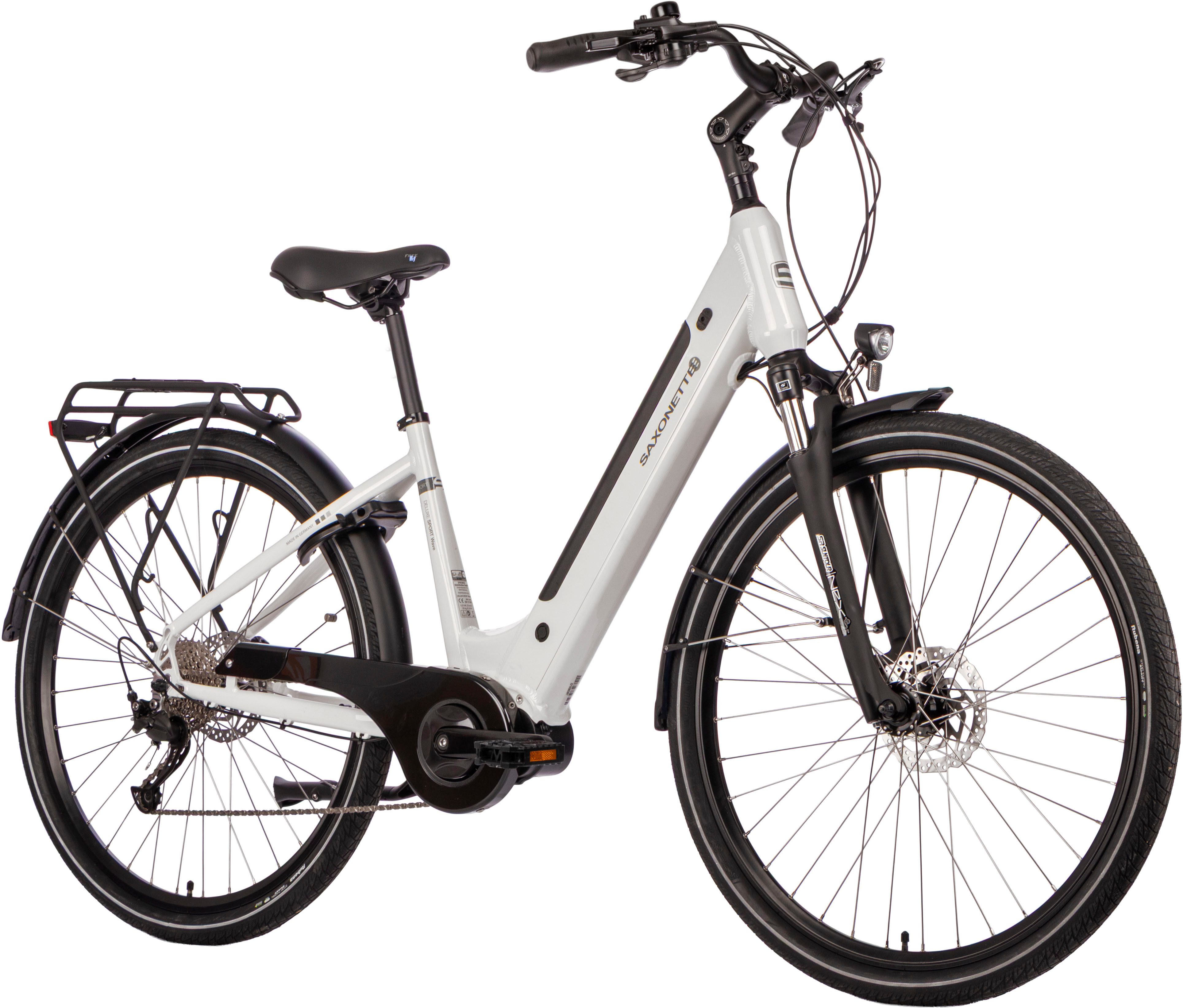SAXONETTE E-Bike Trekkingrad E-Bike Cityrad Deluxe Sport (Wave), 9 Gang Shimano Alivio Schaltwerk, Kettenschaltung, Mittelmotor, 418 Wh, (Packung), (mit integr. Akku), Elektrofahrrad für Damen u. Herren