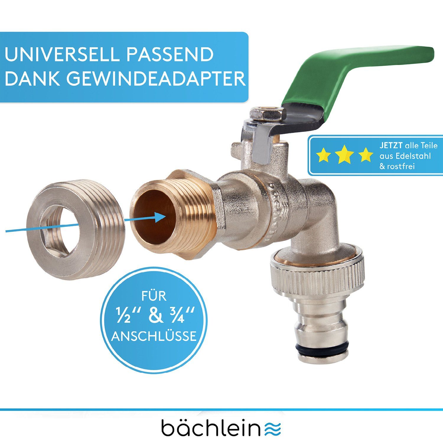 Bächlein Absperrventil Wasserhahn für den Garten - inkl. Adapter und PTFE-Tape
