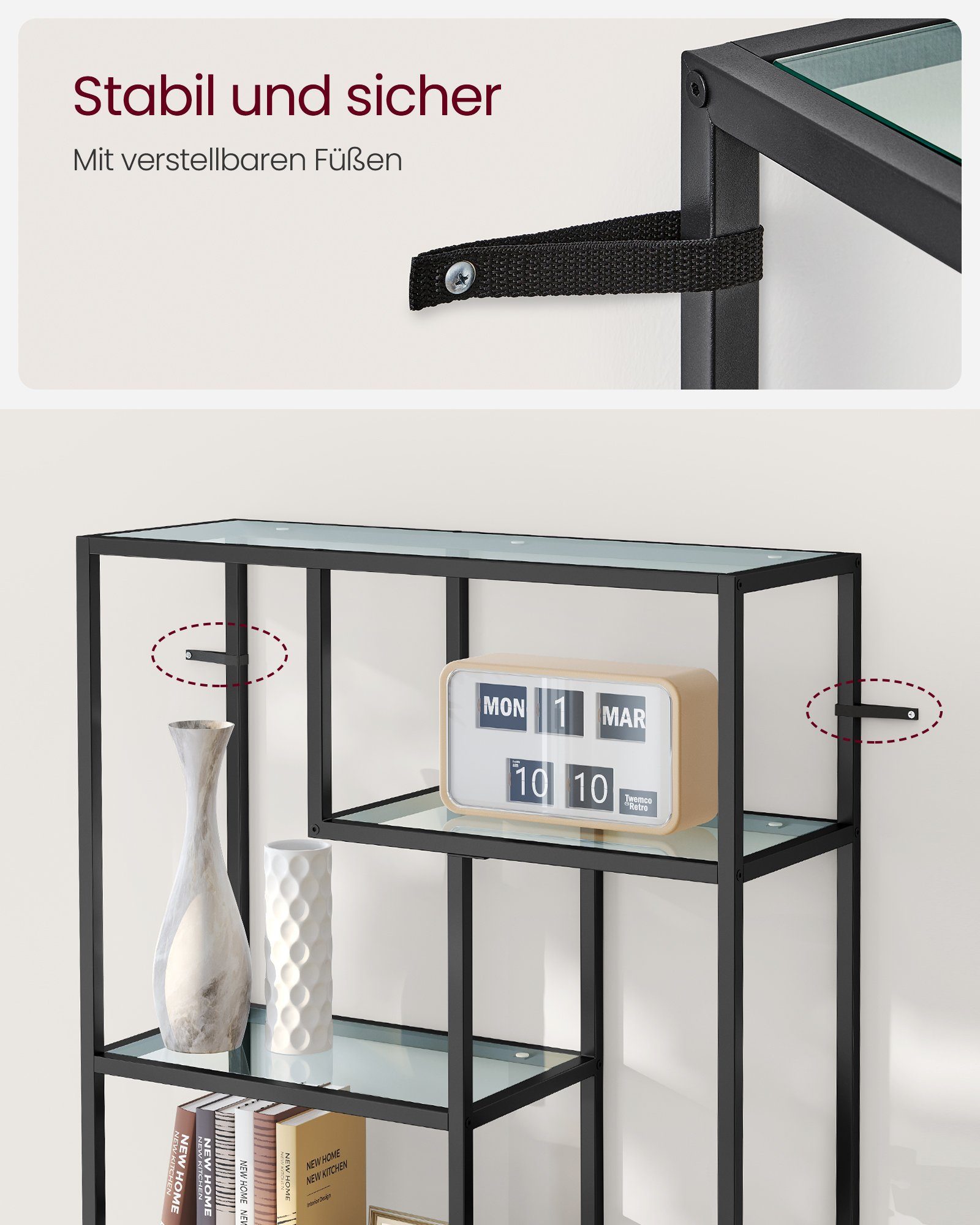 VASAGLE Bücherregal Regal mit 6 Ablagen, Standregal, Ablagen aus Hartglas, 30 x 80 x 180 cm