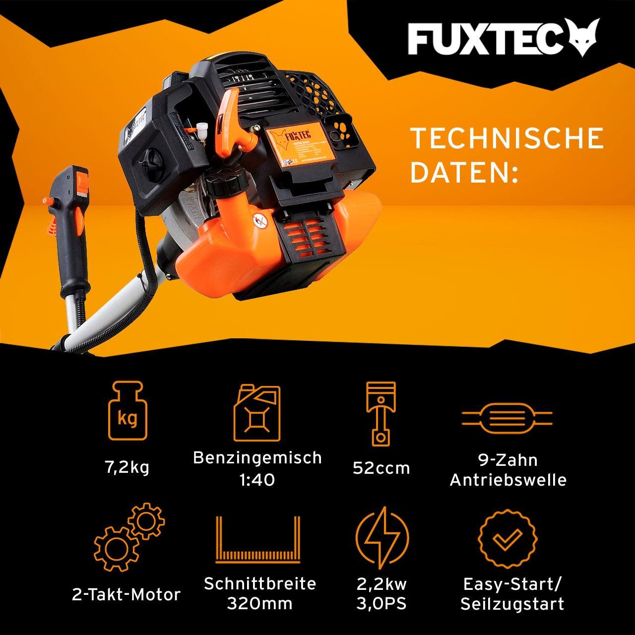 FUXTEC Benzin-Motorsense FX-MS152, 44 cm Arbeitsbreite Messer, 3PS, 52ccm, 32cm Schnittbreite, Zweihandgriff, Profi-Komfort-Tragegurt
