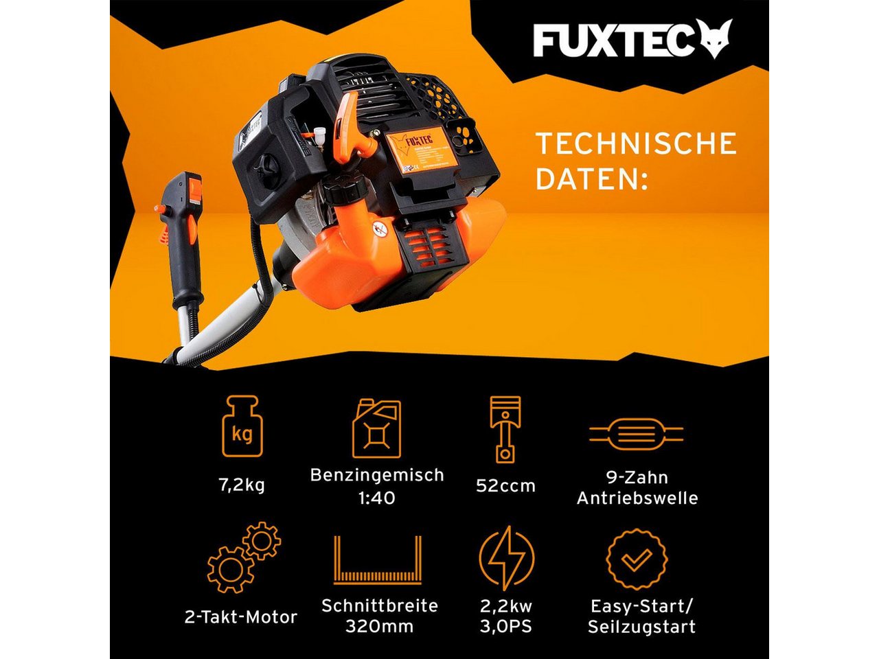 Thumbnail - FUXTEC Benzin-Motorsense FX-MS152, 32 cm Arbeitsbreite Messer, 3PS, 52ccm, 32cm Schnittbreite, Zweihandgriff, Profi-Komf...