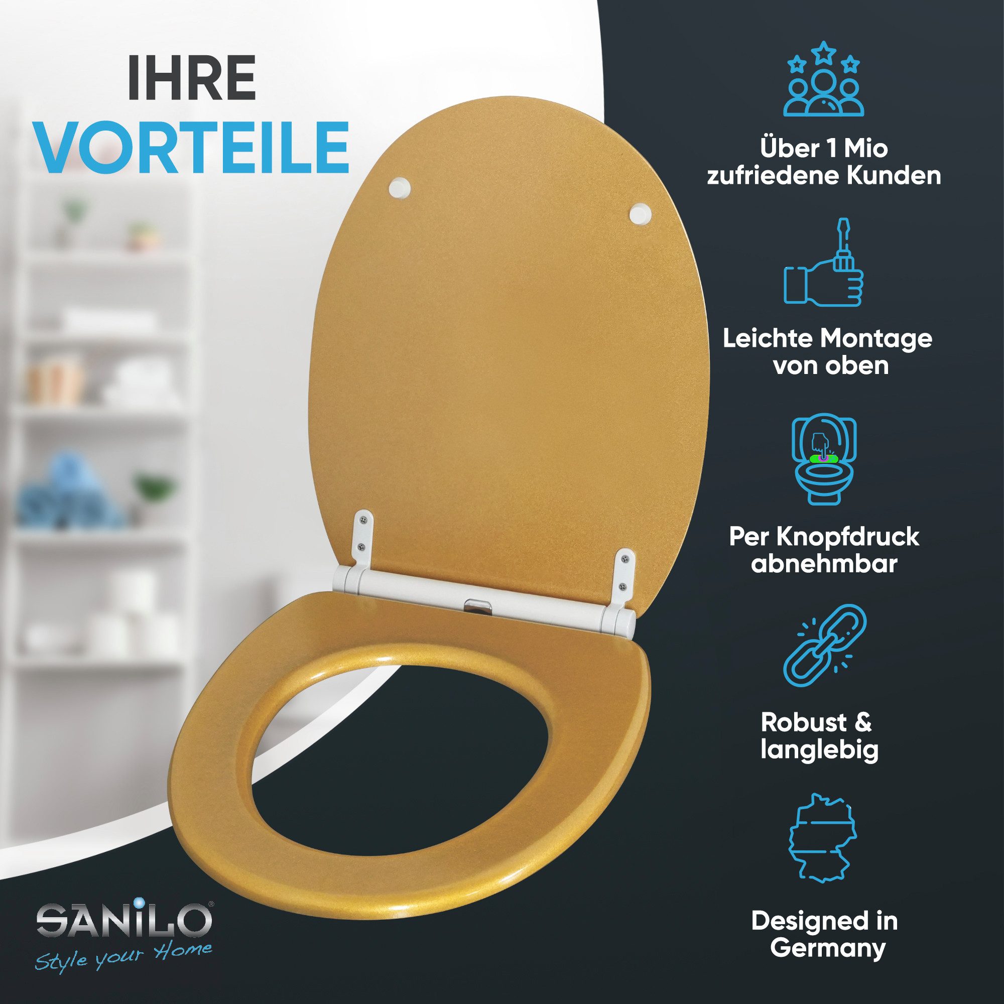Sanilo WC-Sitz Glitzer mit Absenkautomatik & Quick Release, Premium Toilettendeckel, abnehmbar, leichte Montage von oben