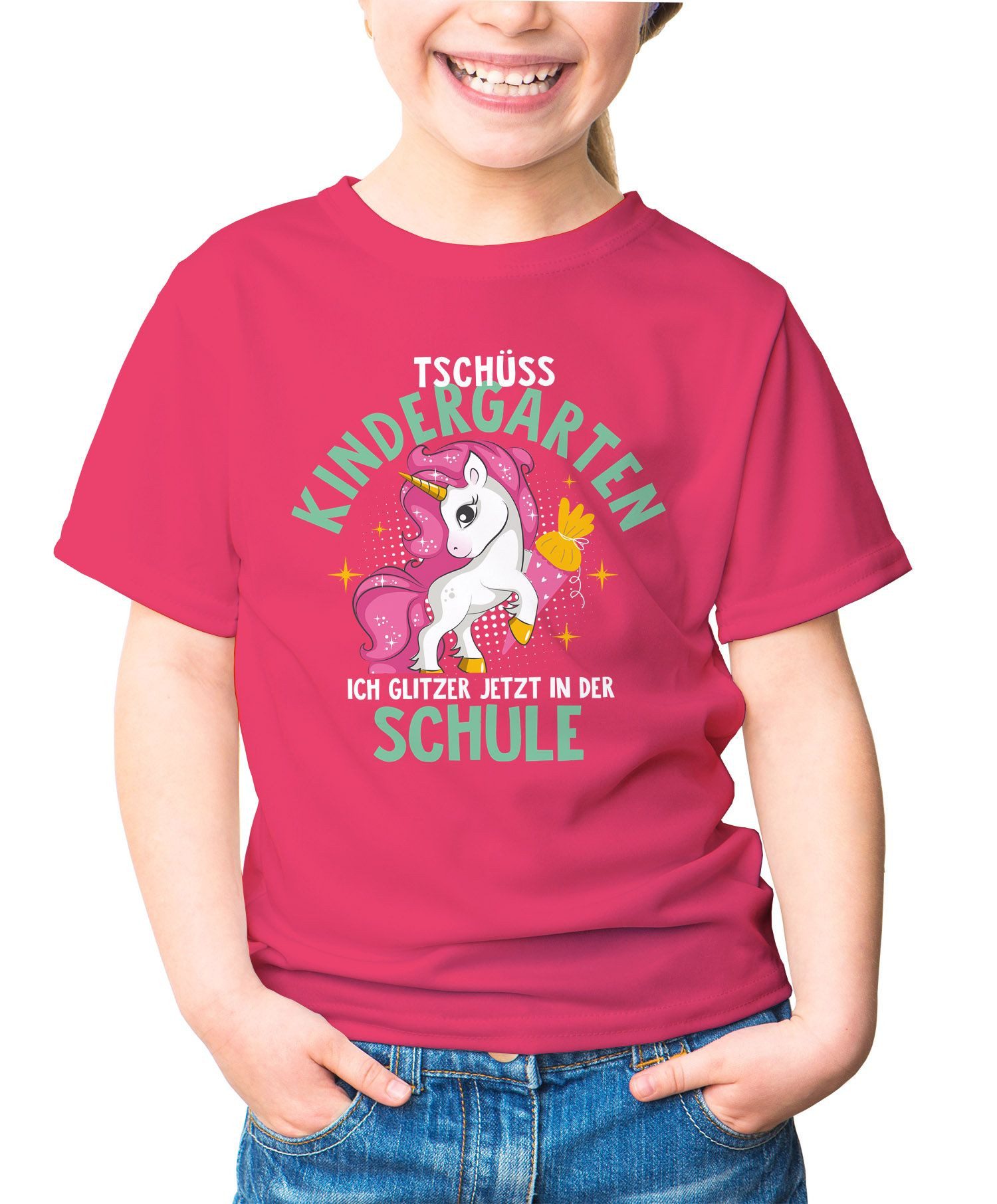 Print-Shirt Kinder T-Shirt Mädchen Schulkind Tschüss Kindergarten ich glitzer