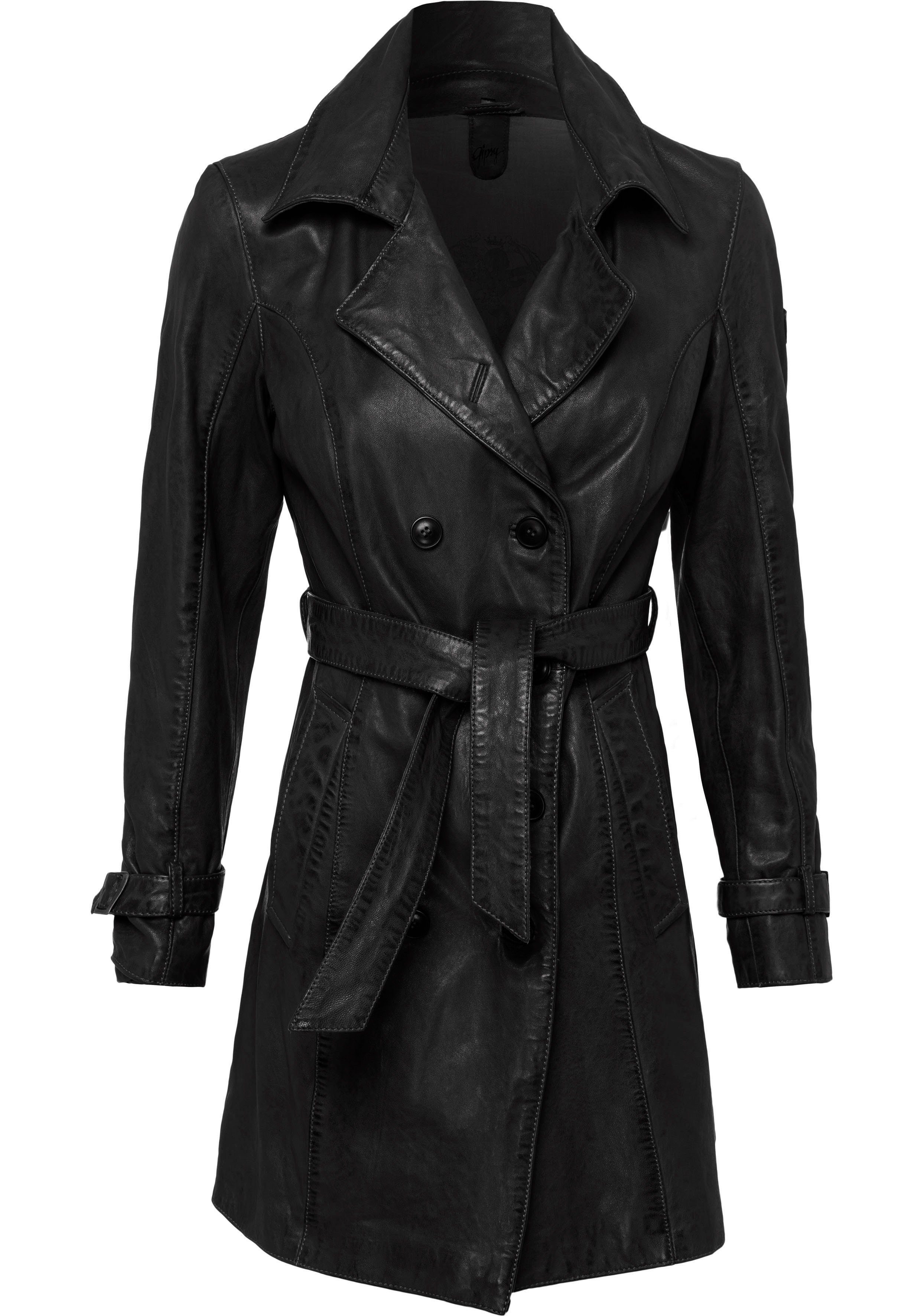 Gipsy Ledermantel Taresa (2-tlg., mit Bindegürtel) femininer Leder-Trenchcoat mit Bindegürtel black