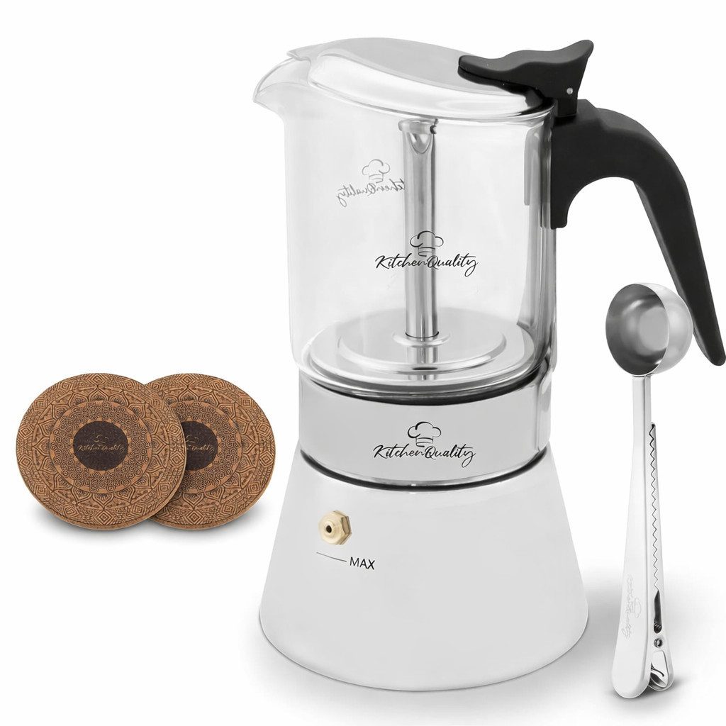 KitchenQuality Espressokocher, Langlebig, leicht zu reinigen, inkl. Portionierlöffel & Untersetzer