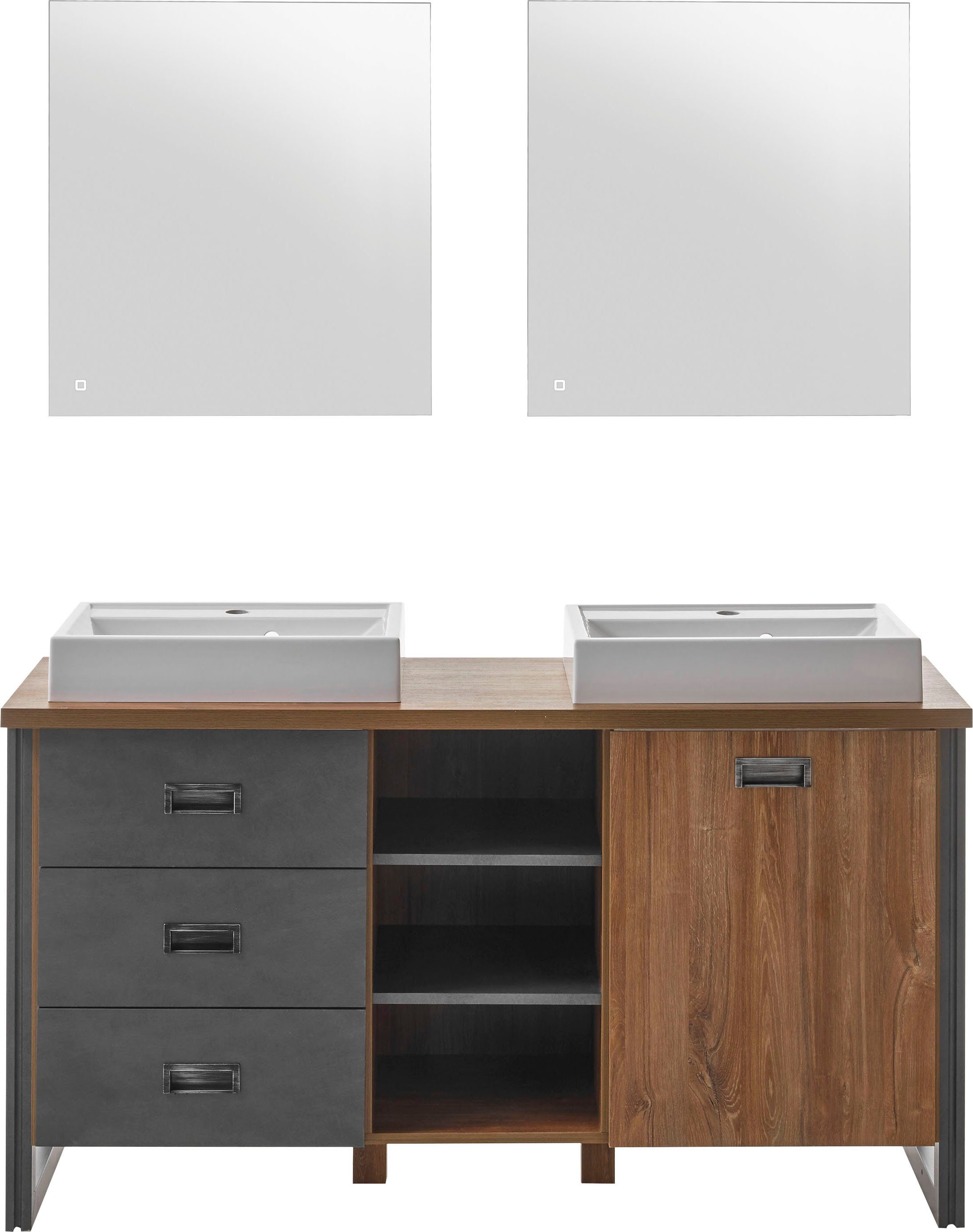 Home affaire Badmöbel-Set Detroit, Bad im Industrialdesign, inkl. LED, 2-teiliges Badezimmer, (3-St), Waschtisch und Spiegel, inkl. zwei Aufsatzwaschbecken aus Mineralguss