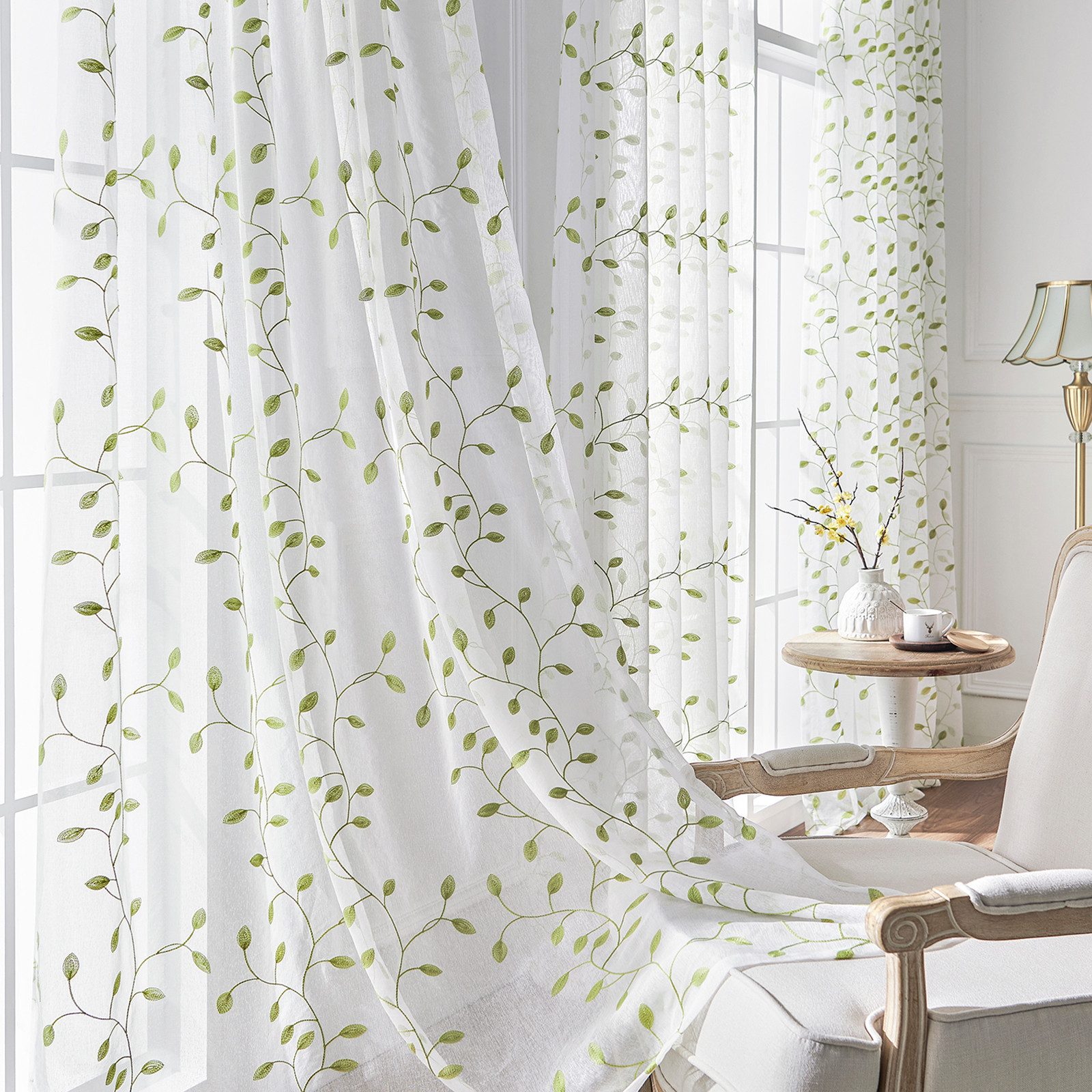 BTTO V&G Gardine Voile Gardine Blättern Stickerei Vorhang 2 Stück, Transpar günstig online kaufen