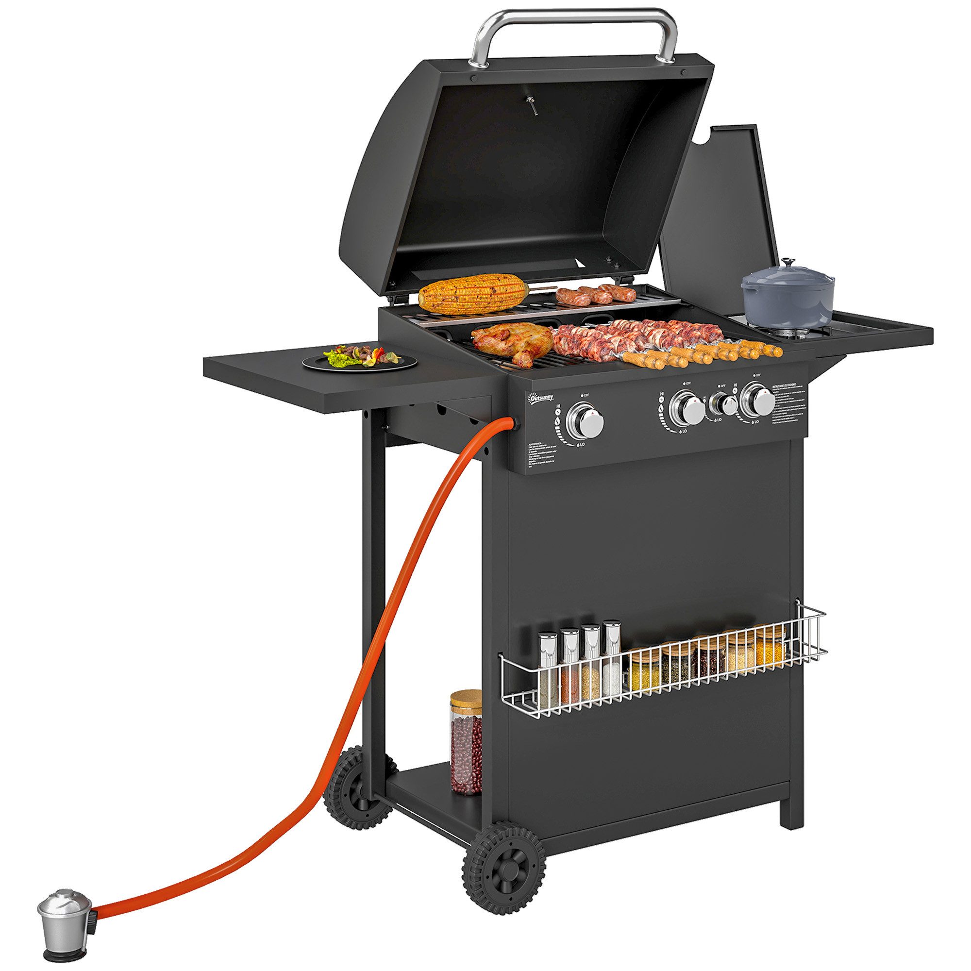 Outsunny Gasgrill inkl 4 Brenner, Seitenkocher, Rolle, BBQ Gartengrill, 9,5 KW Grillwagen, mit Thermometer, Seitenablagen, für Balkon, Grill 123 x 57 x 98 cm