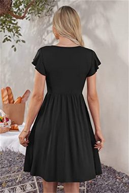 AFAZ New Trading UG Sommerkleid Damen Sommerkleider Rüschen Ärmel V-Ausschnitt Casual Swing Elastische Taille Midi Kleid mit Taschen