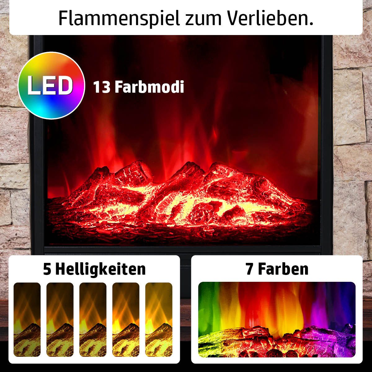 AMBINESS Elektrokamin 2 Heizstufen, 900W - 2000W, LED - 3D Flammeneffekt mit Farbwechsel, inkl. Fernbedienung Timer & Thermostat – Bild 5 von 5