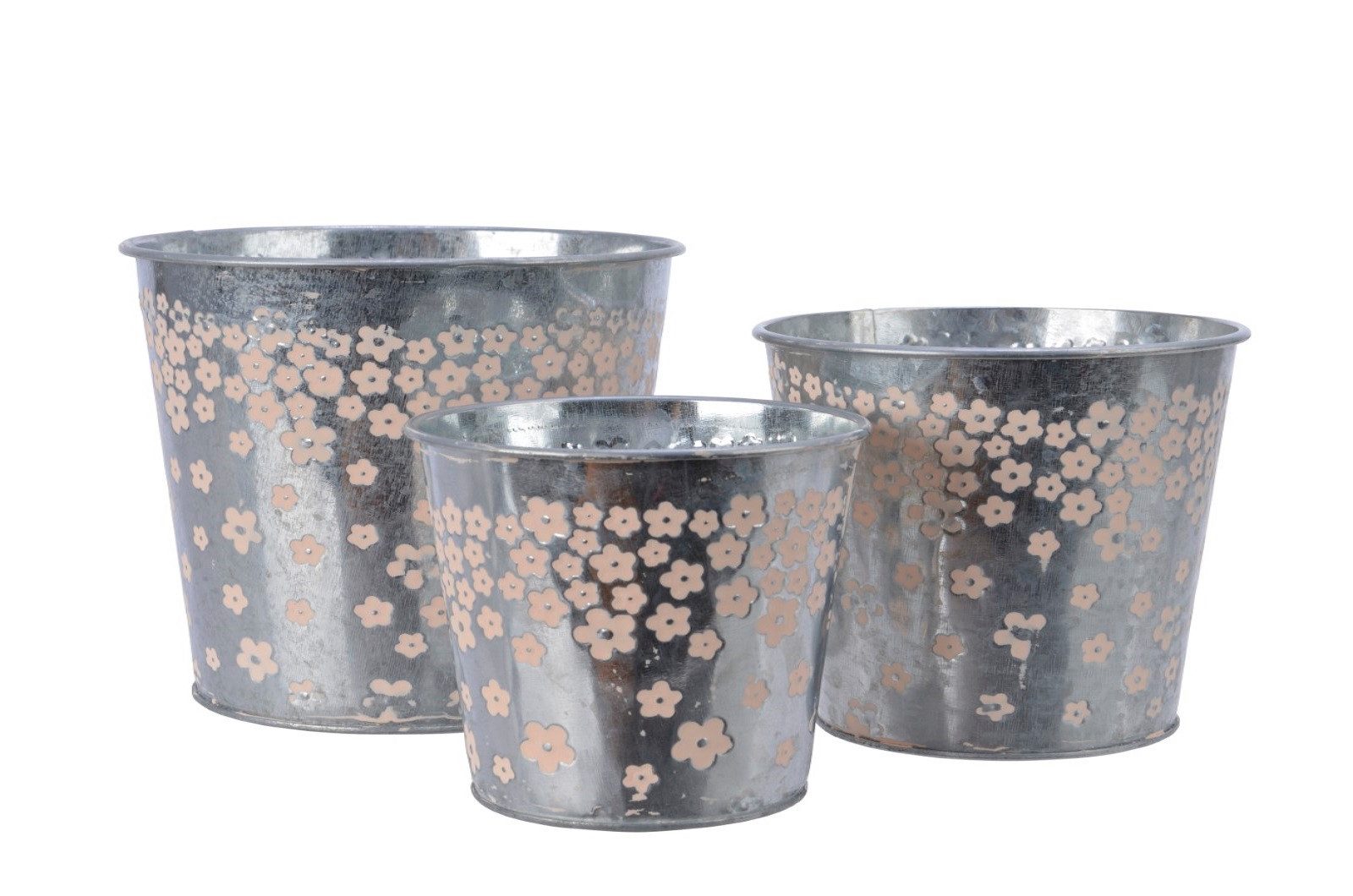 Kaemingk Übertopf Topf Blumentopf Pflanztopf Übertopf Zink rund mit rosa Blüten 3er Set. € 10,99, (€ 3,66 pro 1 Stk).