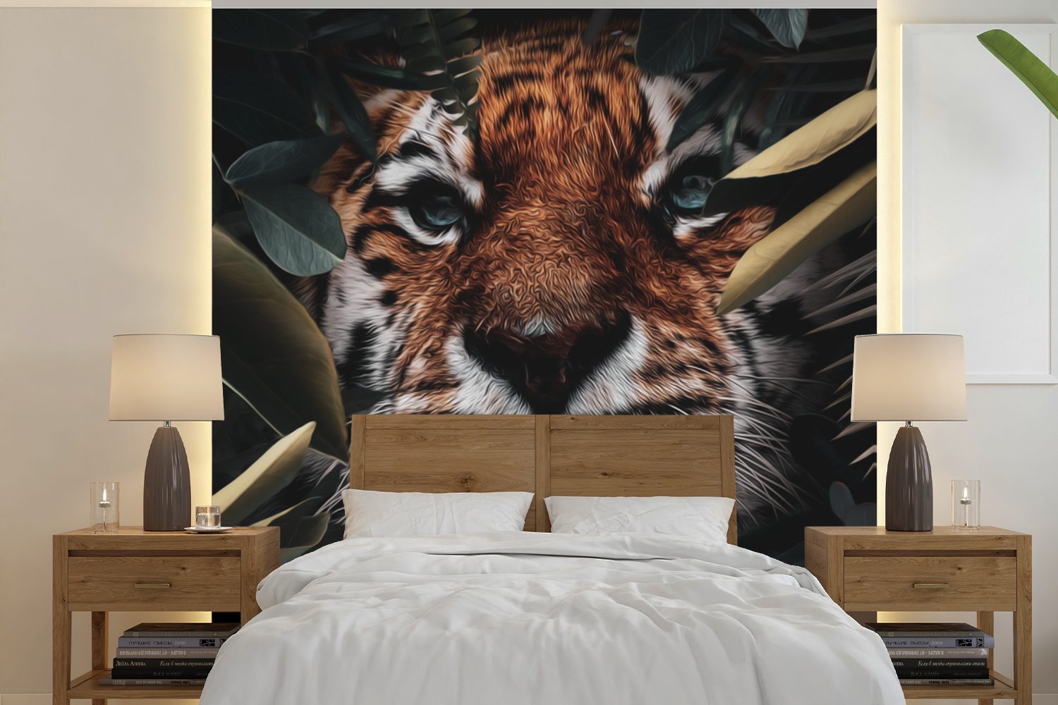 MuchoWow Fototapete Tiger - Blatt - Tiere, Matt, bedruckt, (5 St), Vinyl Tapete für Wohnzimmer oder Schlafzimmer, Wandtapete