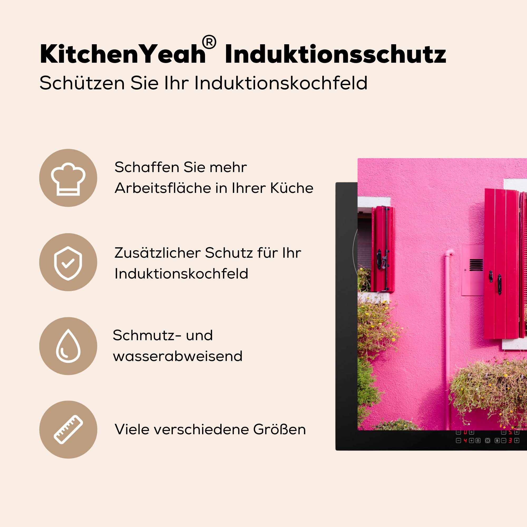 (1 81x52 küche, die Induktionskochfeld mit Herzen rosa Blumentöpfe einem tlg), Fensterläden, Ceranfeldabdeckung cm, mit Fenster Schutz MuchoWow Herdblende-/Abdeckplatte für Vinyl, in